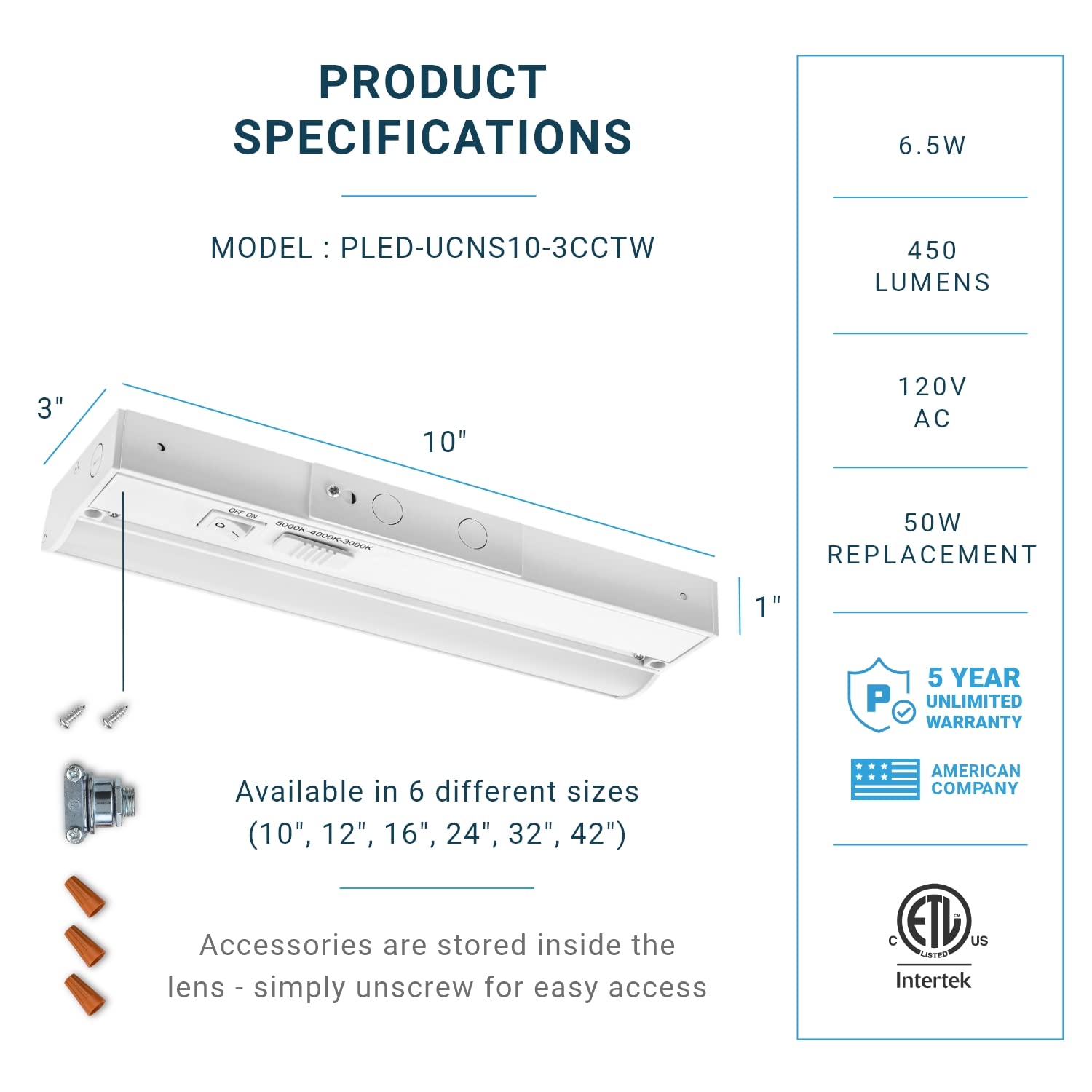 Parmida LED Under Cabinet Lighting, 10 Inch, Dimmable, 6.5W, 450 Lumens, Color Selectable 3000K/4000K/5000K