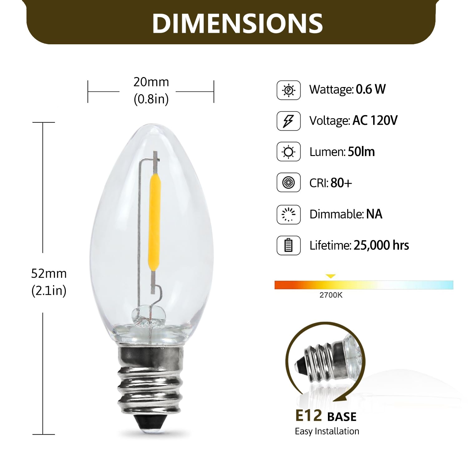 YIMILITE C7 LED Bulb 2 Pack 0.6W 2700K E12 Candelabra Base Christmas Light Accessory Cord