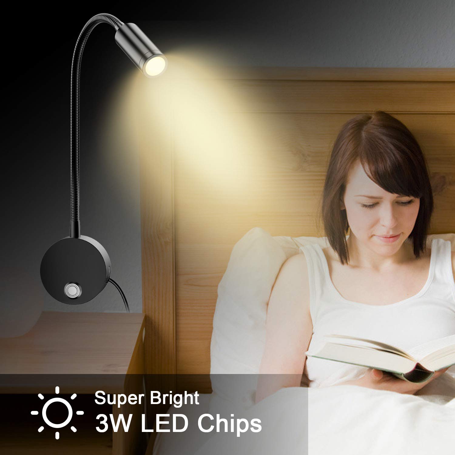 ERAY LED Wall Mount Reading Light, 15in Gooseneck, Dimmable, USB Charging, Aluminum, Black, Model E280-Leselampe