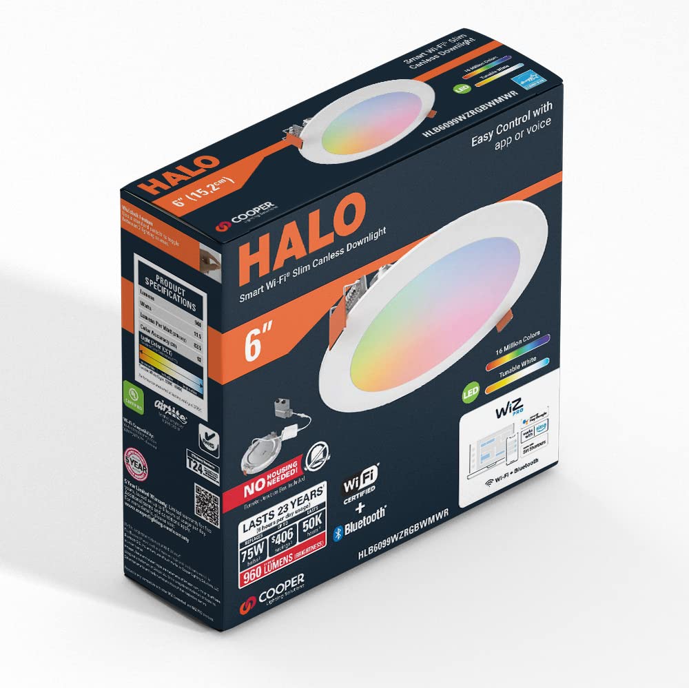 HALO 6" Smart Wi-Fi Canless LED Downlight, Dimmable Full Color, Model HLB6099WZRGBWMWR