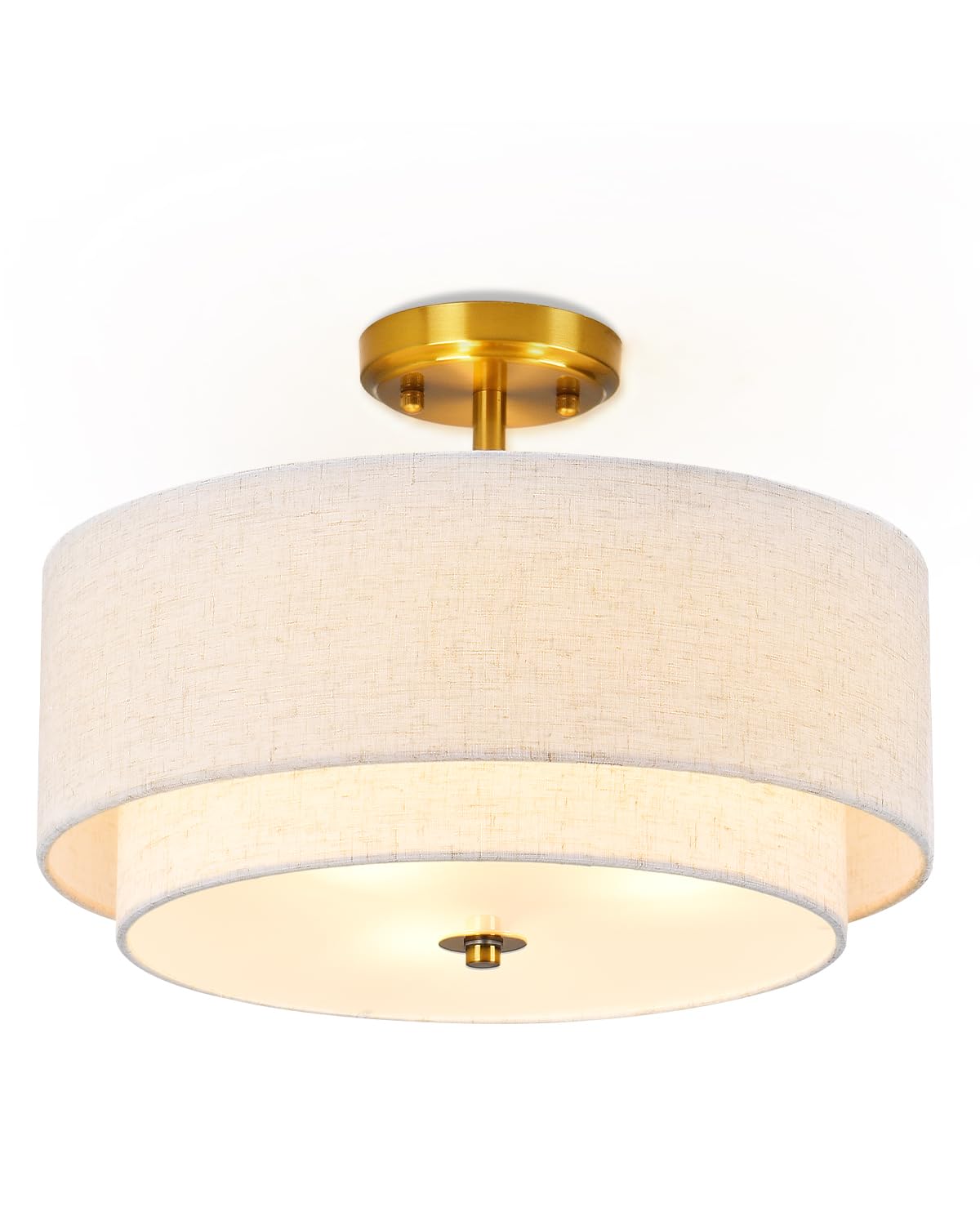 Kirahee 3-Light Gold Semi Flush Mount Ceiling Light Fixture, 16" Modern Fabric Shade for Bedroom, Living Room, Hallway