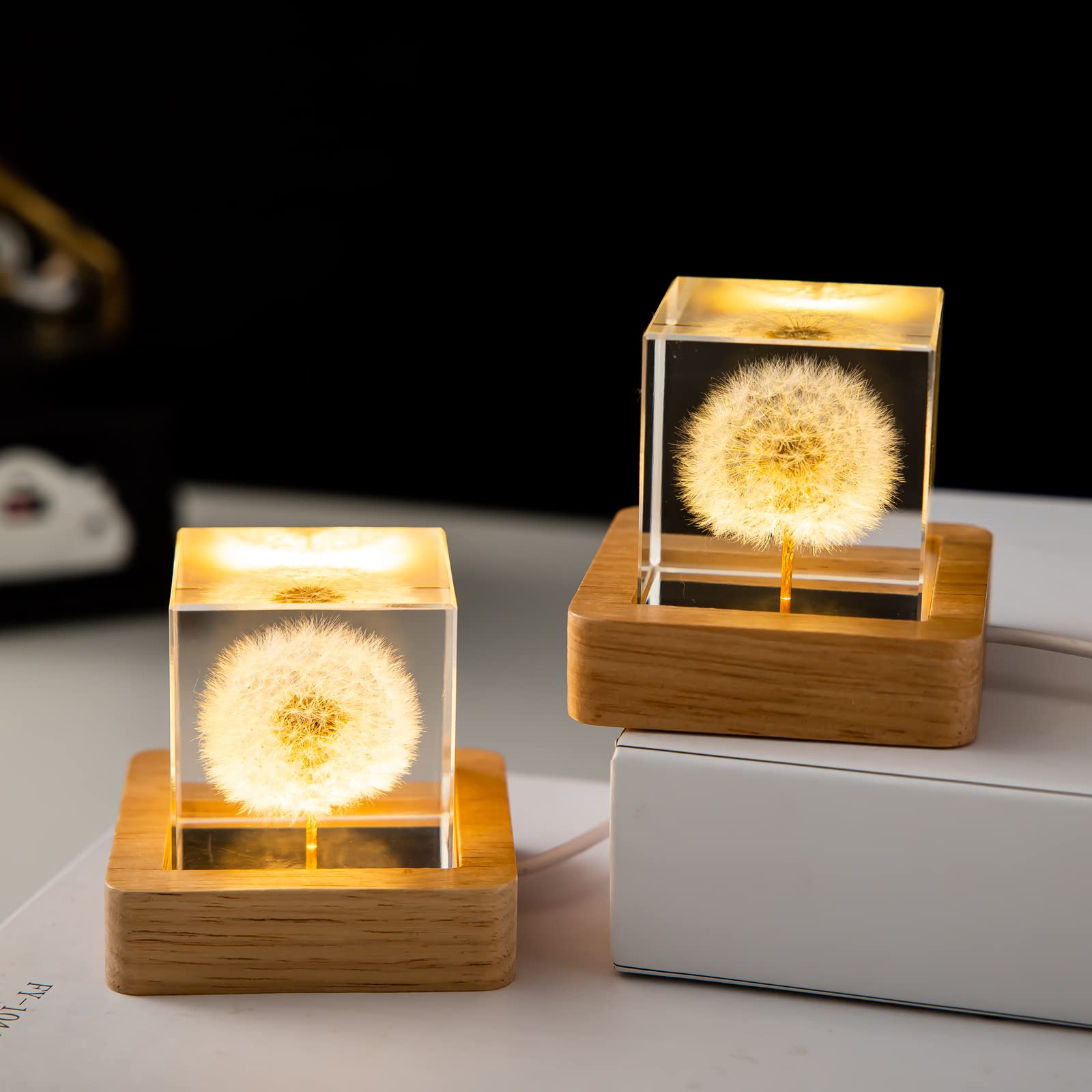 Marzius Flower Crystal Ball Night Light,2.4 Inch Glass Ball Night Lamp With Woodern Base (Dandelion 1)