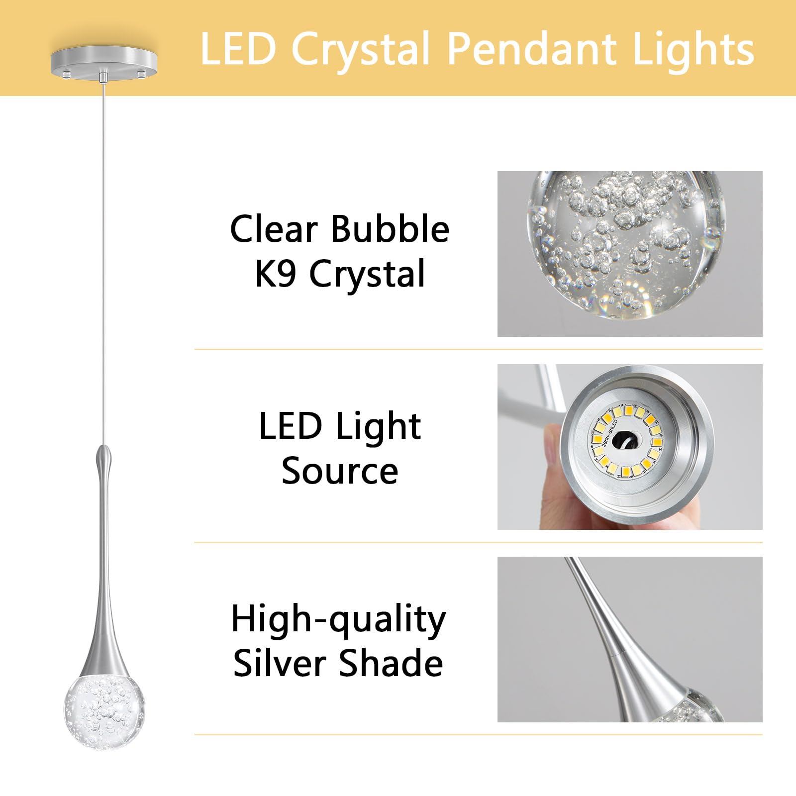 cenozo Modern Pendant Light - LED Dimmable Crystal Ceiling Lamp, 1 Light Round, Brushed Nickel, Ideal for Kitchen, Dining Room, Bedroom