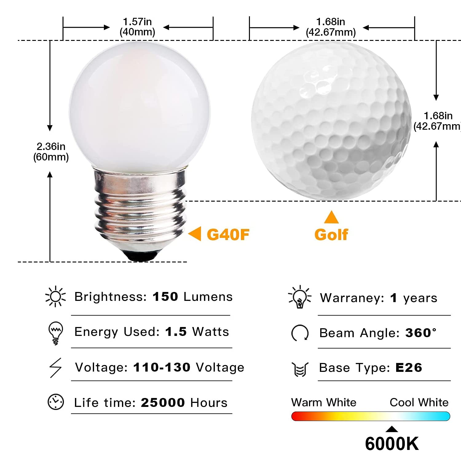 Sphoon Globe LED Bulbs 1.5W Equivalent Soft White 6000K Frosted G40, 6 Count, E26 Base, Low Lumens for Home Decor
