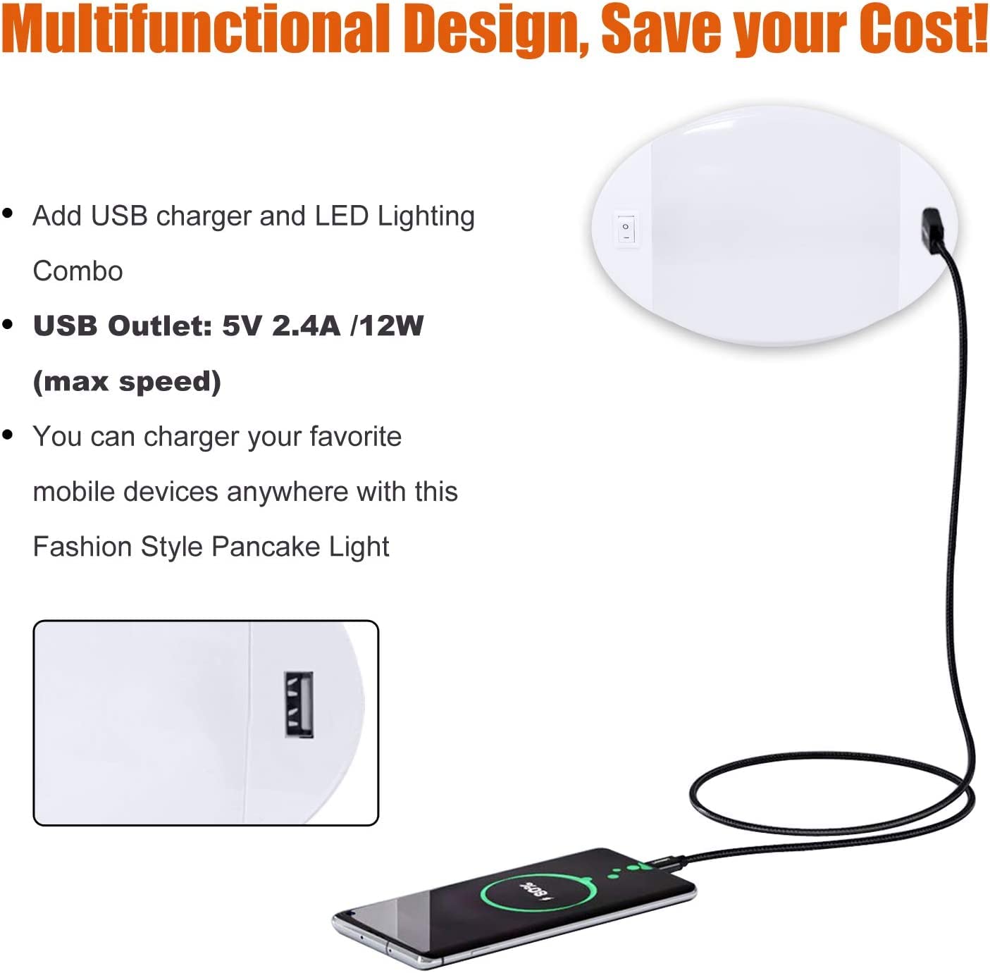 Facon 12V RV Interior LED Light Fixture with USB Charger, White, Model DLS01-608USB, with Switch for RV, Camper, Boat, Tiny Homes