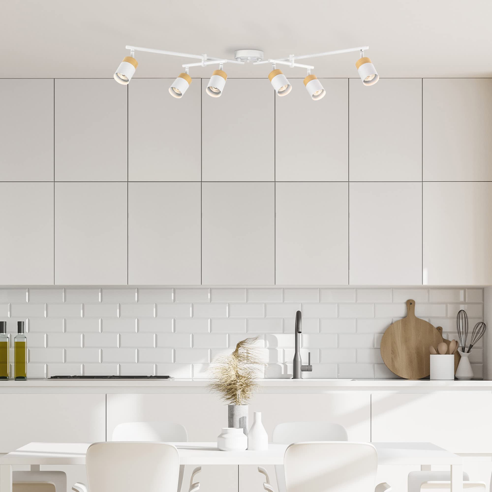 Globe Electric 64000055 42" 6-Light Track Lighting, Matte White with Wood Accents, Pivot Shades, GU10 Sockets, Ideal for Kitchen