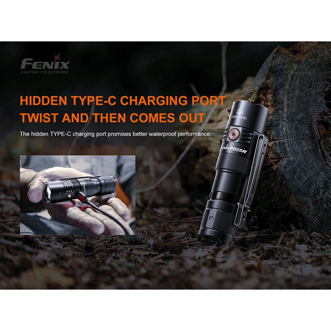 Fenix PD25R EDC Flashlight, 800 Lumen, USB-C Rechargeable, Dual Switch, Aluminum, Pocket Size, Black