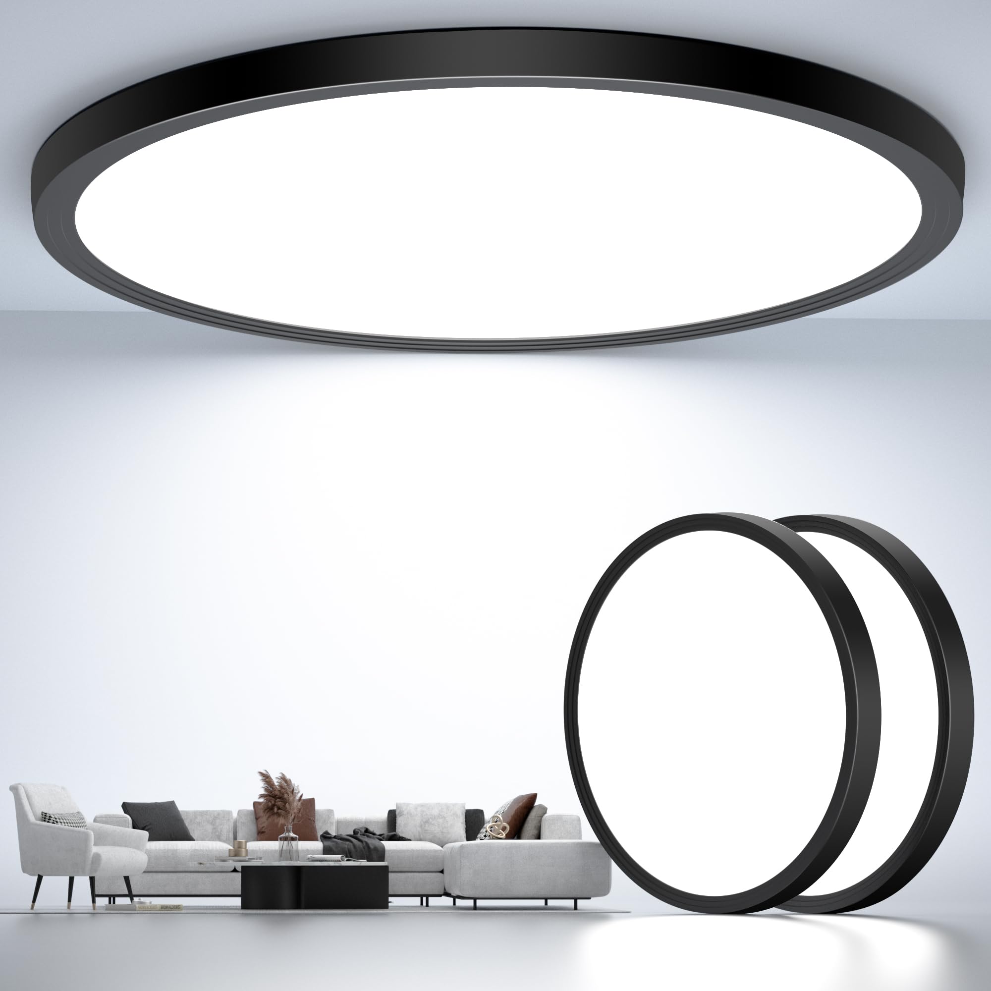 DEALGADGETS Flush Mount Ceiling Light, 12Inch Ultra Thin Black LED Lamp, 6500K 3200LM, 2PCS