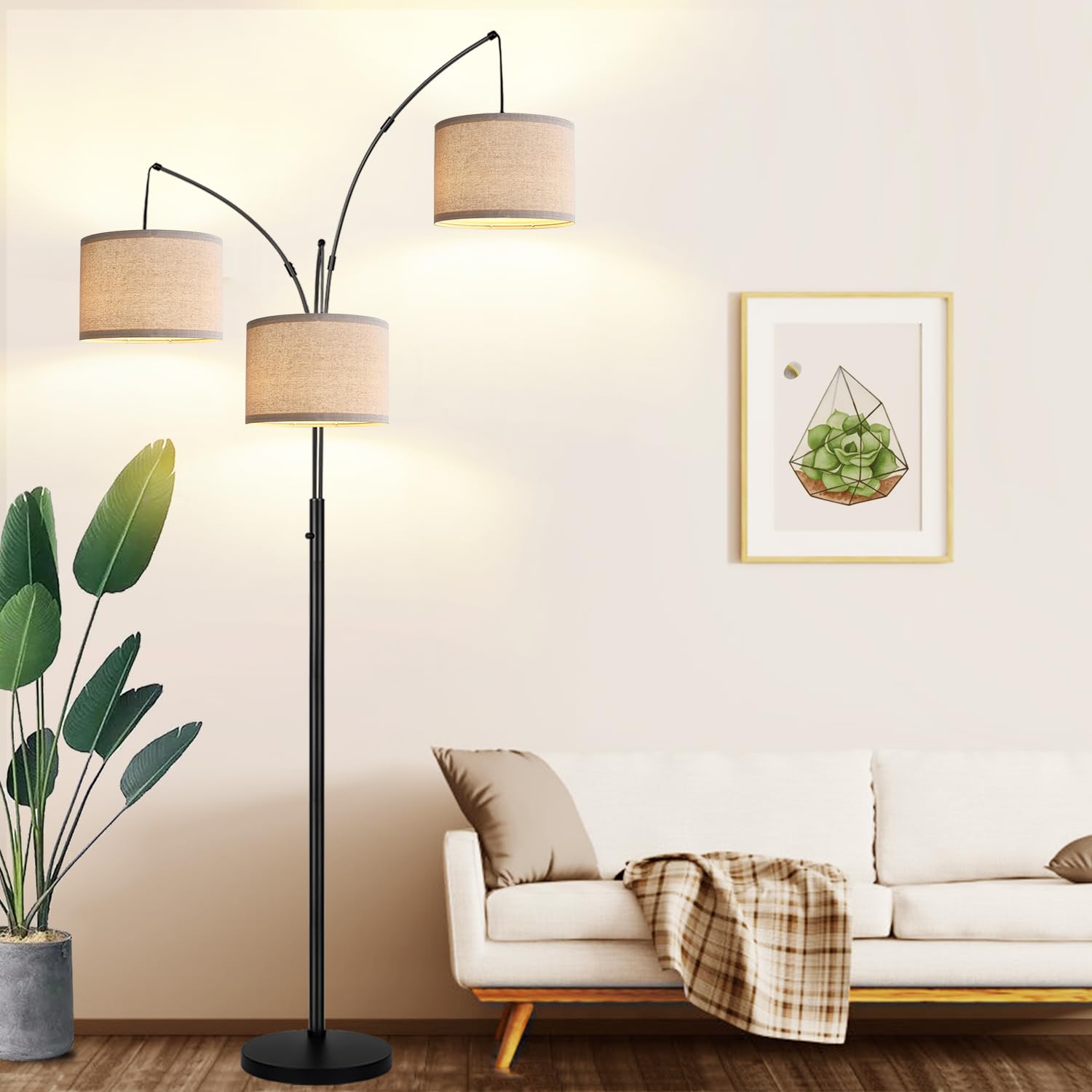 Nintiue Dimmable Floor Lamp - 3 Lights Arc, Matte Black with Beige Linen Shades, Model F1378, Includes 3 LED Bulbs