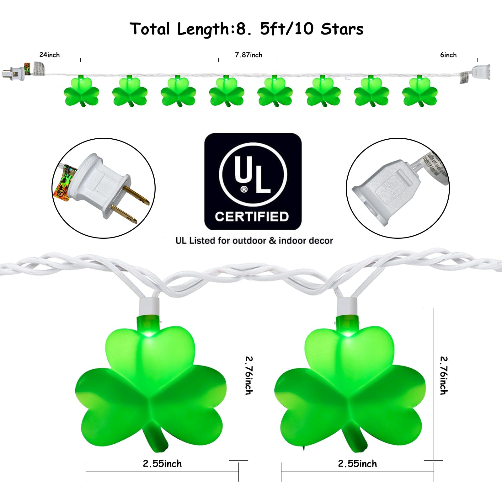 St Patrick'S Day Shamrock Lights Plug In, 8.5Ft Outdoor Shamrock St Patrick'S Day Decorations Lights Waterproof With 10 Led Gree