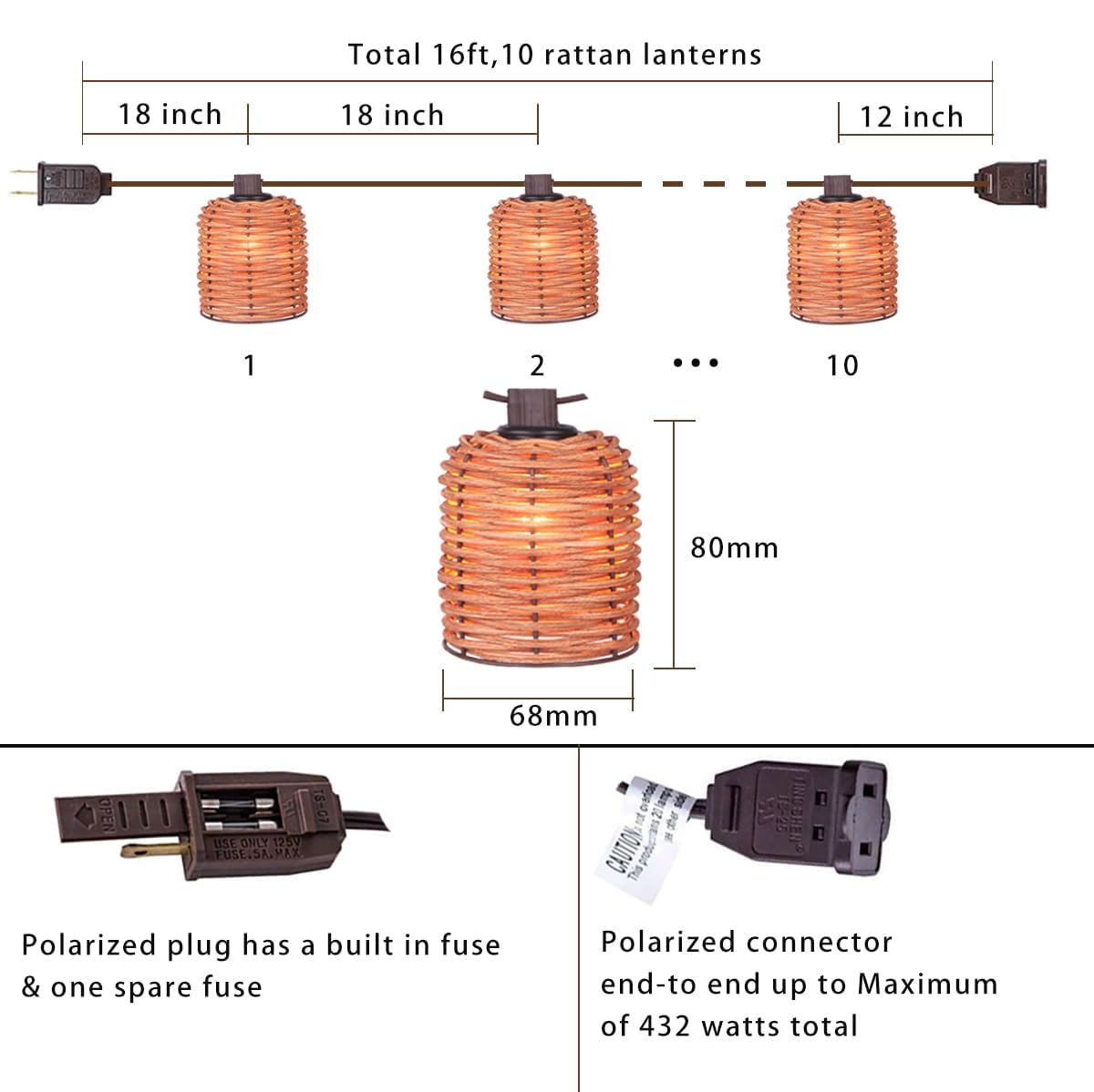 Maindeco Natural Rattan String Lights, 10 Rustic Raffia Cage Lights,16 Ft Plug In & Connectable Wicker Lights, Rustic Farmhouse
