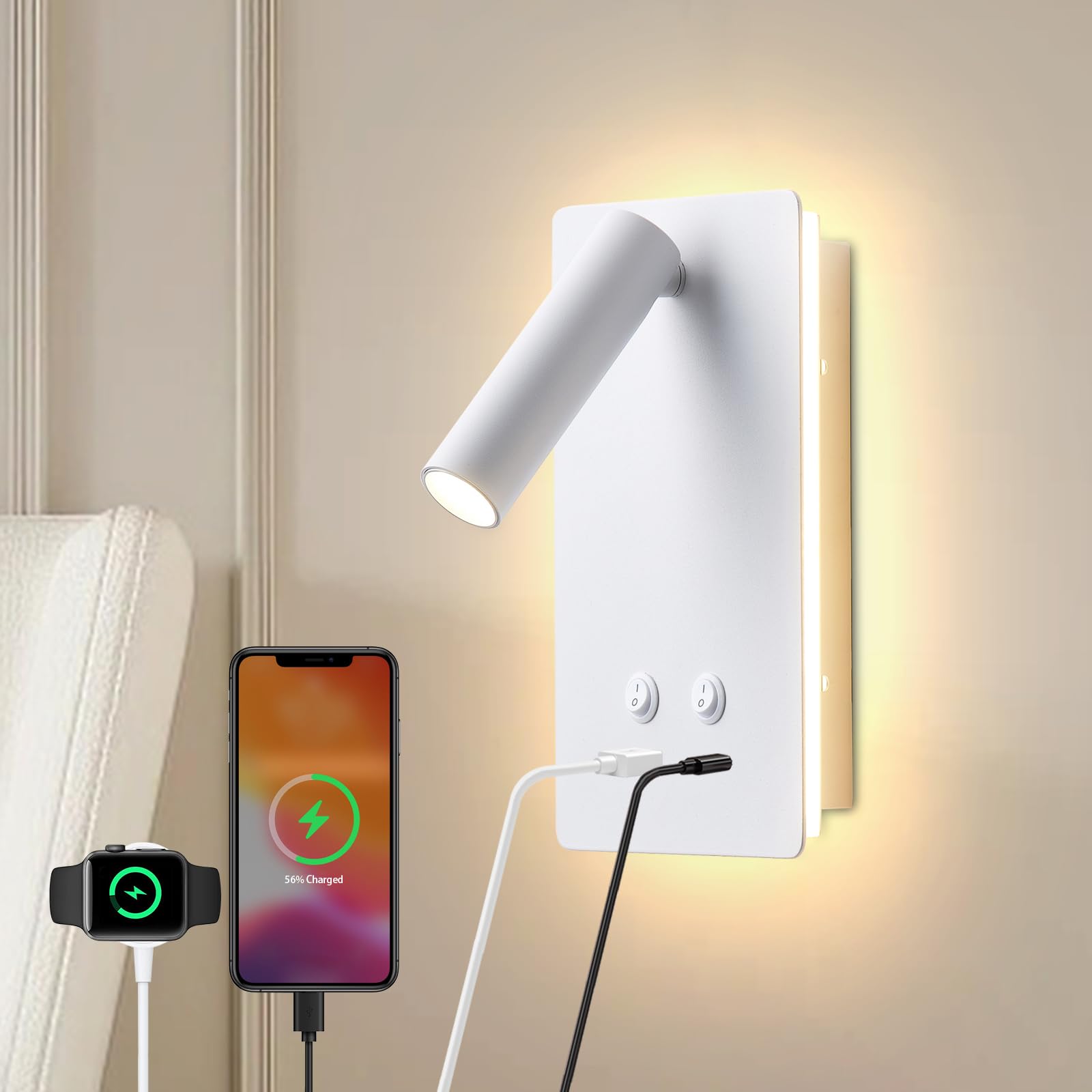 MOLUOLA LED Wall Lamp Wall Mounted Sconce with USB Ports, 9W+3W Night Light, 1 Pack, White, Model S07G-Black