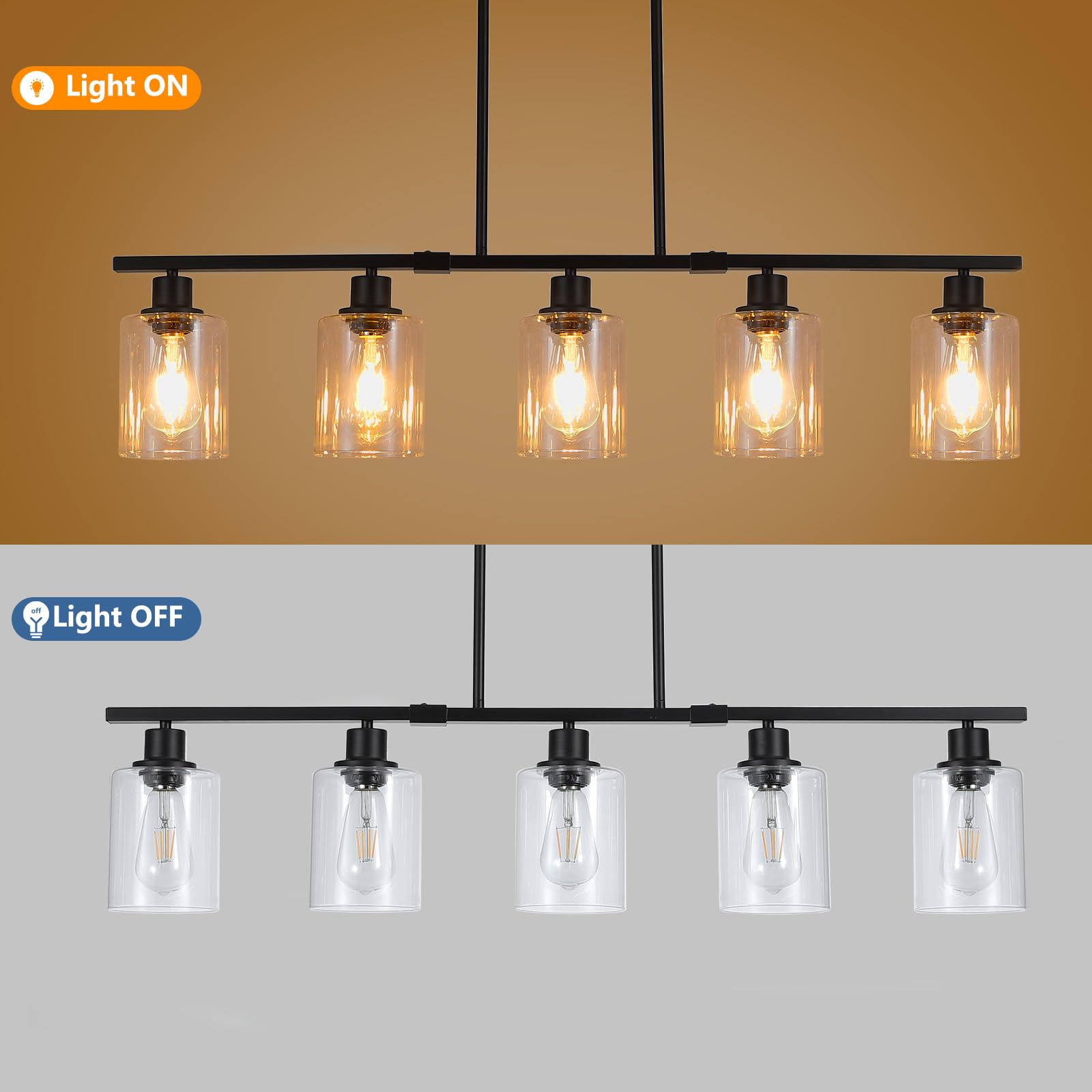 3Wwwuee 39.4'' Kitchen Island Lighting, 5 Lights Clear Glass Pendant Light Fixtue, Black Linear Metal Chandelier For Dining&Livi