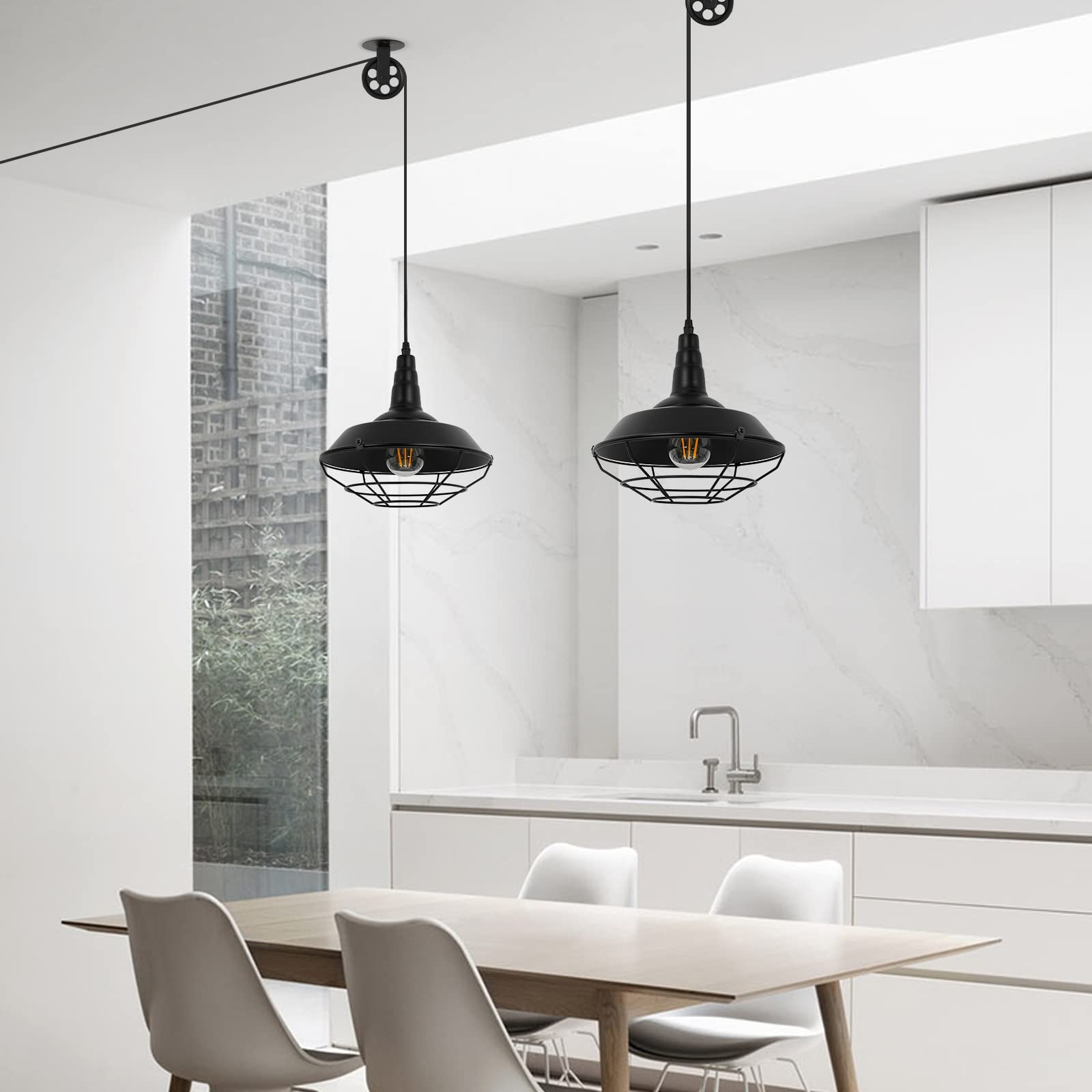 Kighsin Farmhouse Black Metal Wire Cage Plug In Pulley Pendant Lights With 19.4Ft Adjustable Cord On/Off Switch, Industrial Vint