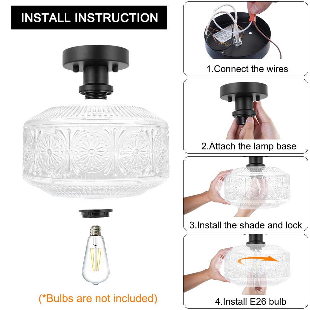Dsmjfu Semi Flush Mount Ceiling Light, Vintage Small Ceiling Light Fixture, Thickened Glass Hallway Light Fixture, Black Kitchen Ceiling Mount Light For Entry Way, Bedroom, Bathroom, Porch
