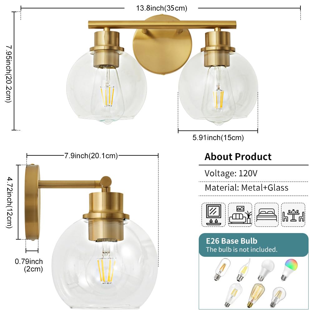 Lanmate Bathroom Vanity Light Fixture, 2-Light Brushed Brass with Clear Glass Shade, Model L1746, 13.8 Inch, Gold