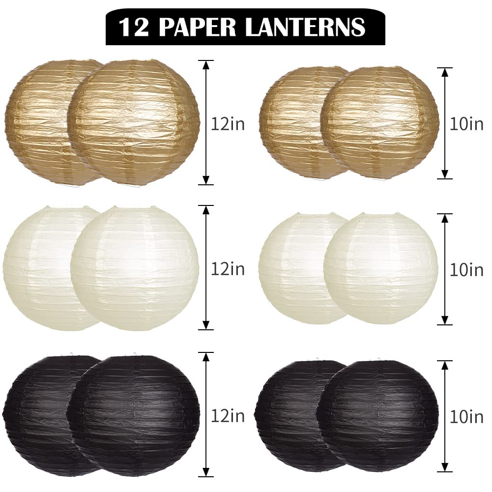 Yunxuan Paper Lanterns Decorative, Black Gold Hanging Round Chinese Lanterns With Lights For Graduation Anniversary Birthday Par