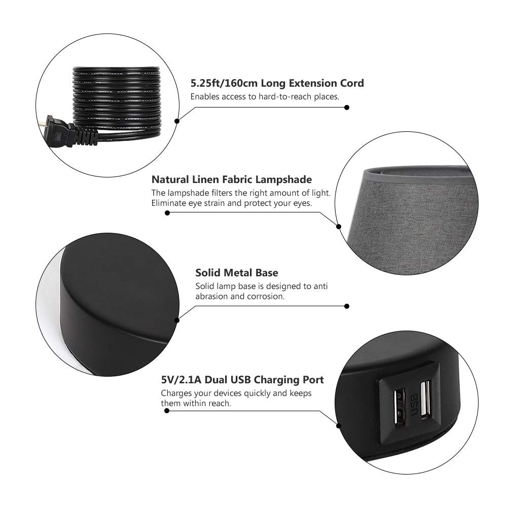 Js Nova Juns Bedside Table Lamps With Dual Usb Charging Ports, Set Of 2 Modern Lamps With Gray Fabric Shade, Stylish Desk Lamp F