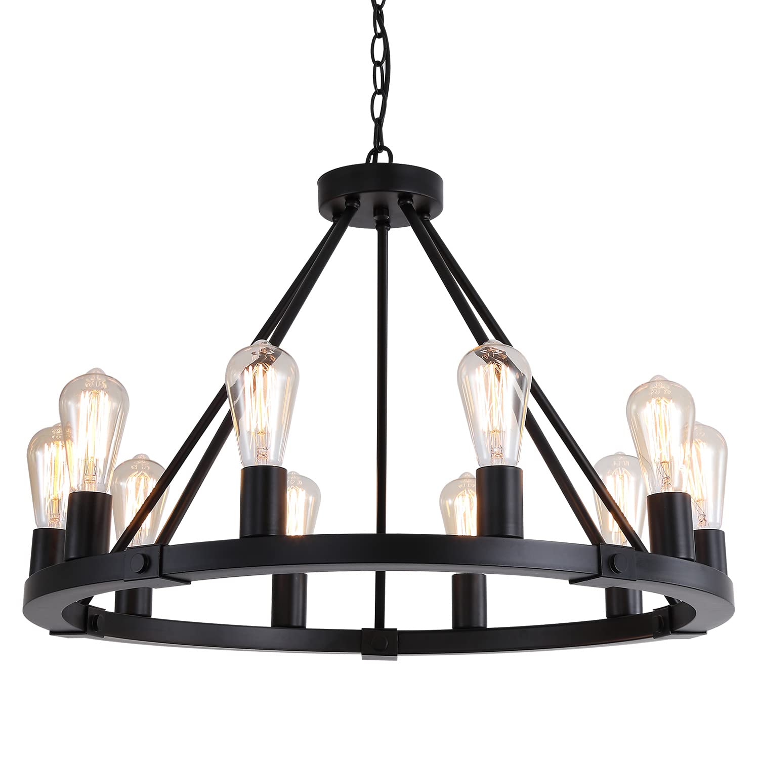 9MMML 10-Light Wagon Wheel Chandelier, Matte Black Iron Pendant Light, Dia 26.4", Adjustable Height, Model 8013P10BK