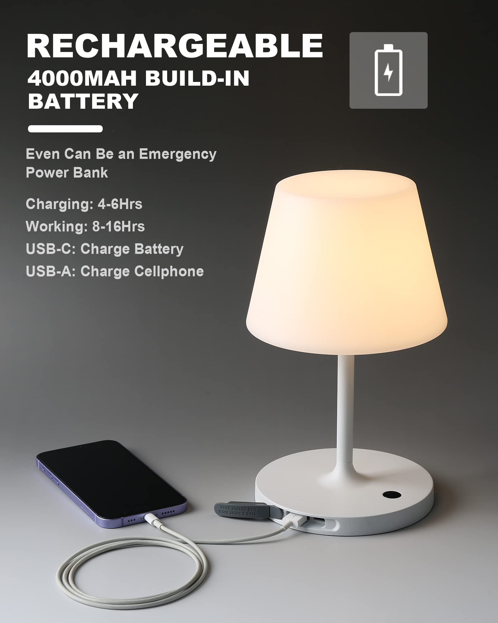WEILAILUX Outdoor Table Lamp, Waterproof Cordless LED, Touch Dimmable, 9.6in White, Rechargeable, Model WL-3664