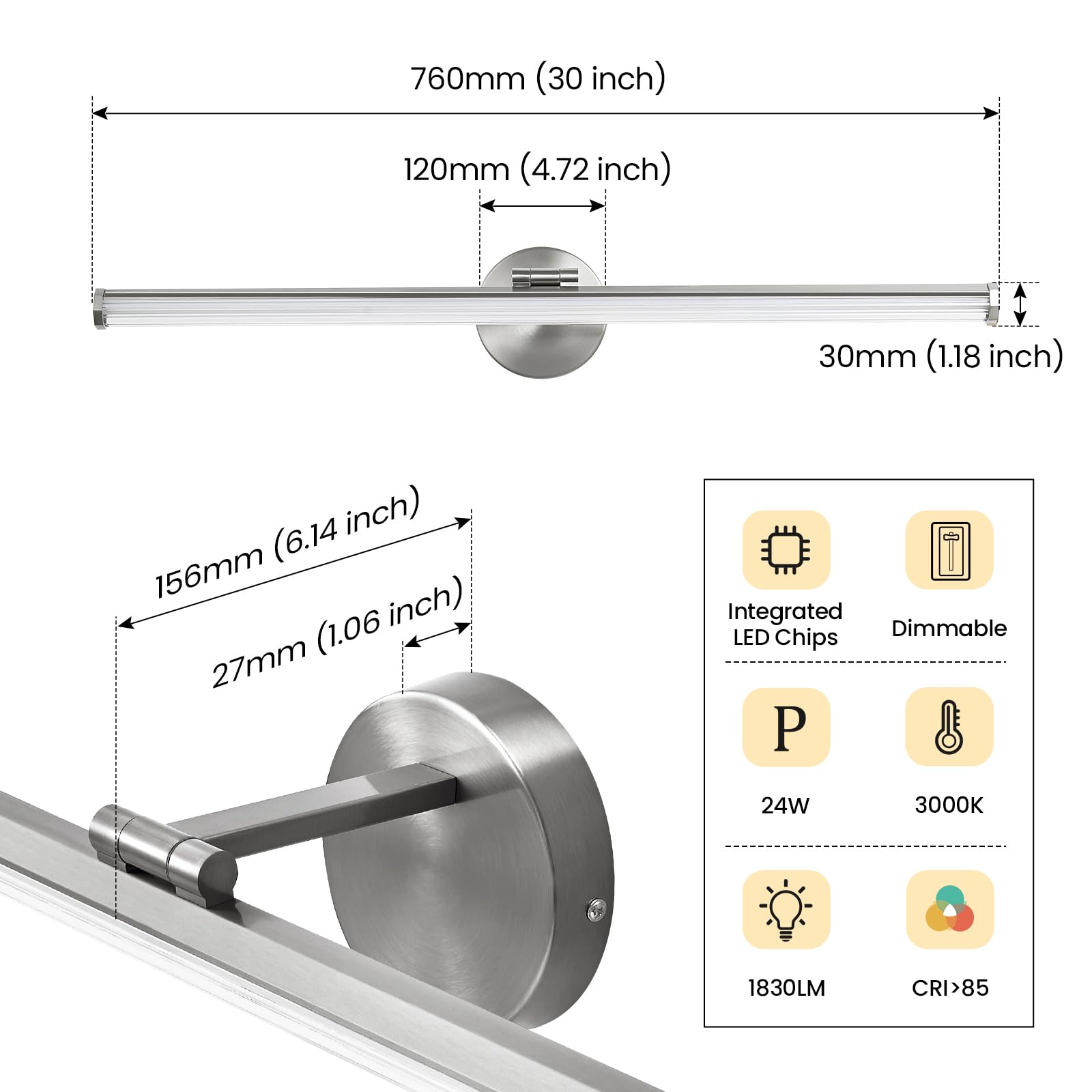 KAISITE Bathroom Light Fixture LED Vanity Light 30 Inch Brushed Nickel Dimmable Model KST-8037ML-24SN-3K