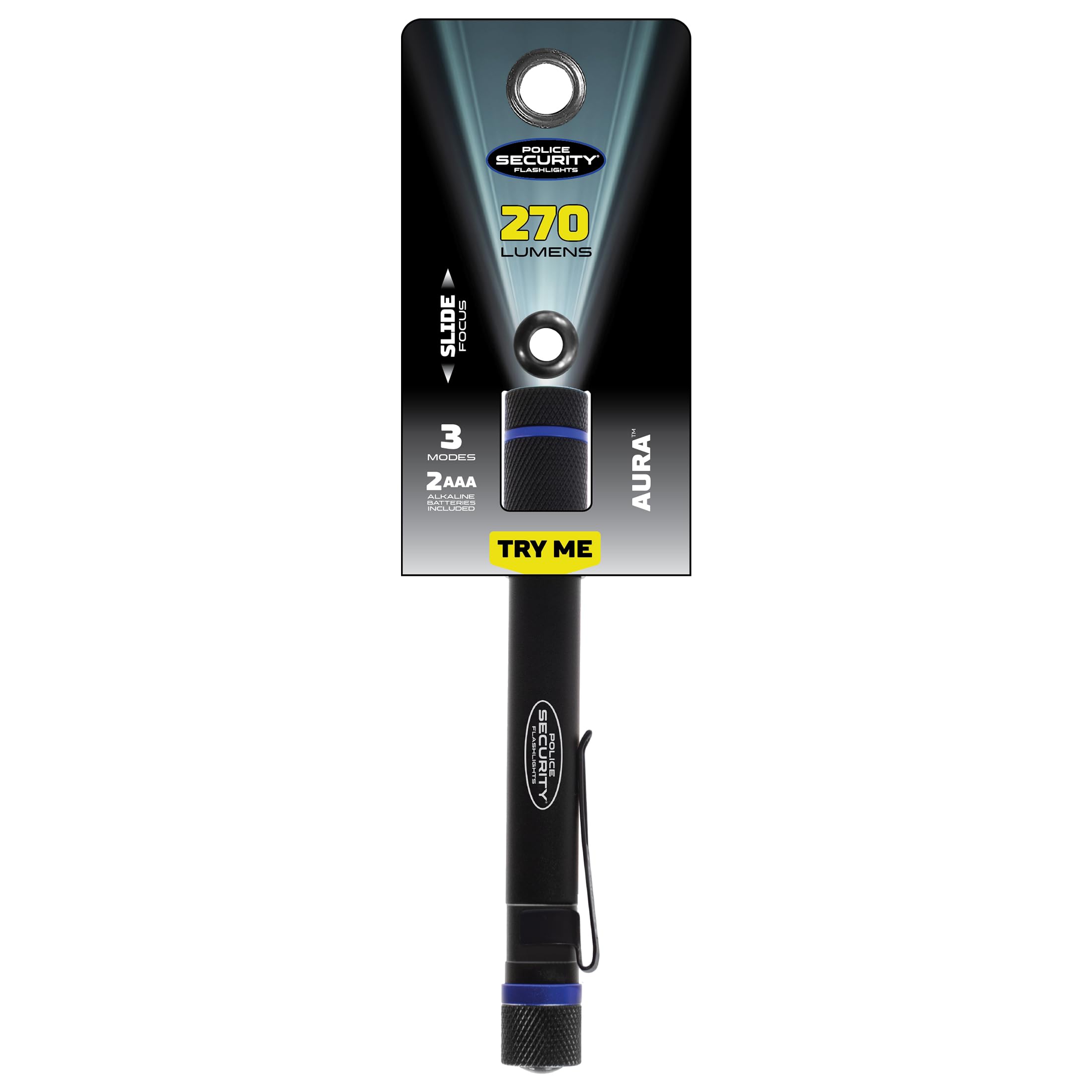 Police Security Aura Penlight Flashlight - 270 Lumens, 90m Beam, Water Resistant, Durable, Compact - Black, Adjustable Focus, Belt Clip