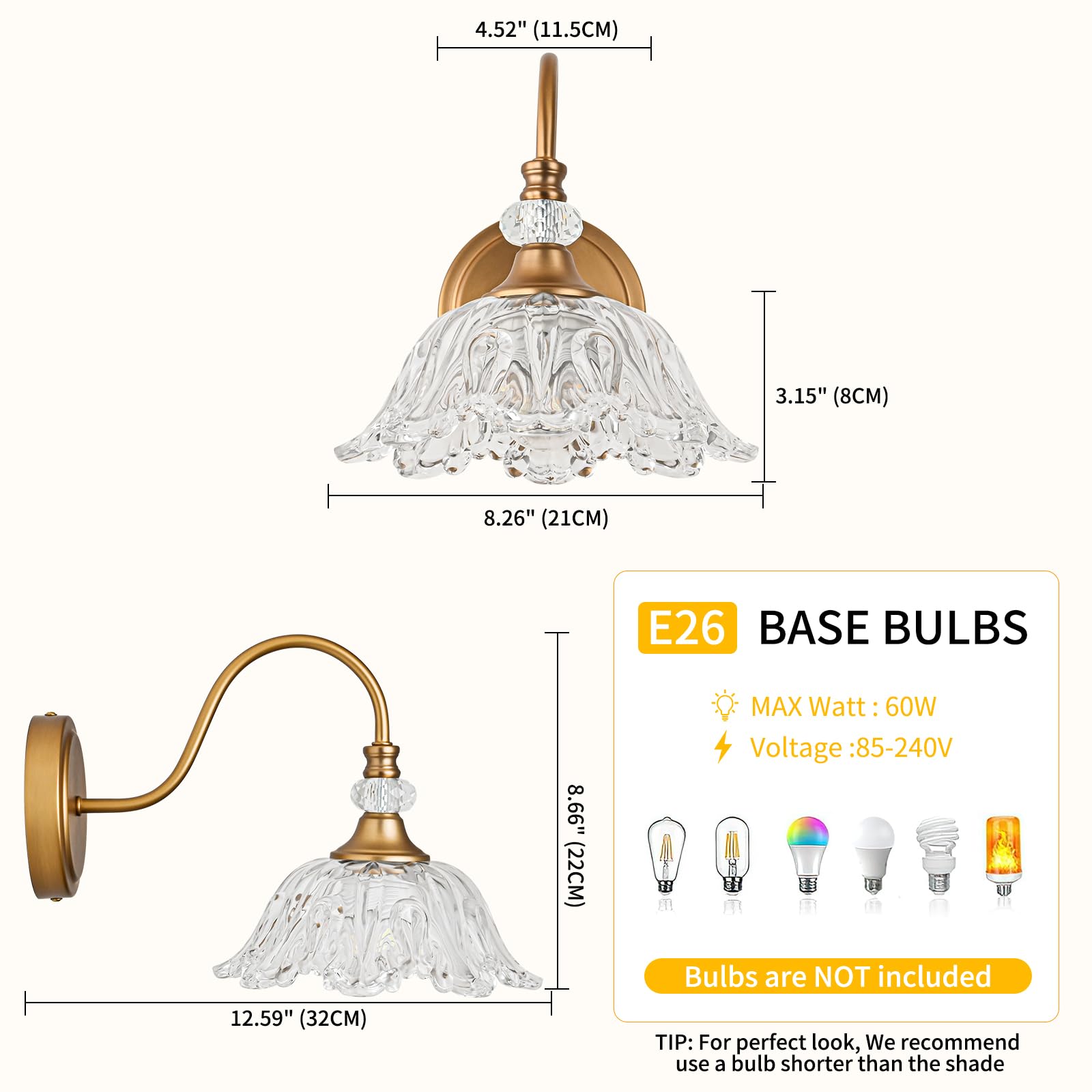 Sunkryster 1 Piece Vintage Wall Sconce With Floral Clear Glass Shade  Matte Deep Brass Finish Wall Mount Lighting For Bathroom Vintage Bathroom Vanity Light Fixture