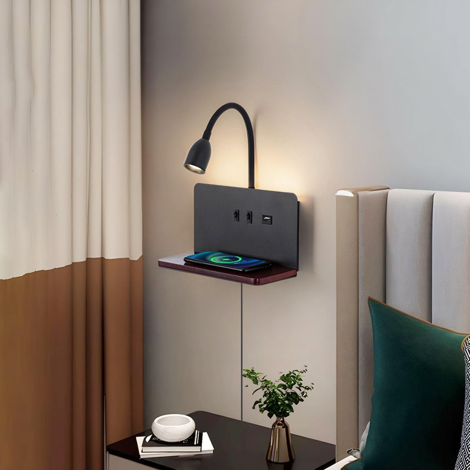 Bedside Wall Sconces With Wireless Charging Station & Usb Charging, 3 Adjustable Color Temperatures Led Reading Lamp, 3000K Warm