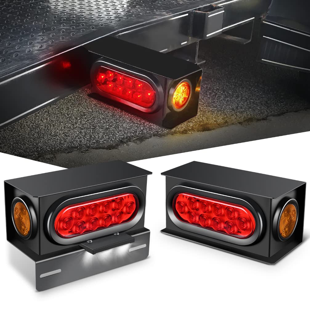Nilight 2Pcs Steel Trailer Light Boxes Housing Kit W/ 6Inch Oval Red Tail Lights 2 Inch Round Amber Side Marker 3Led License Pla