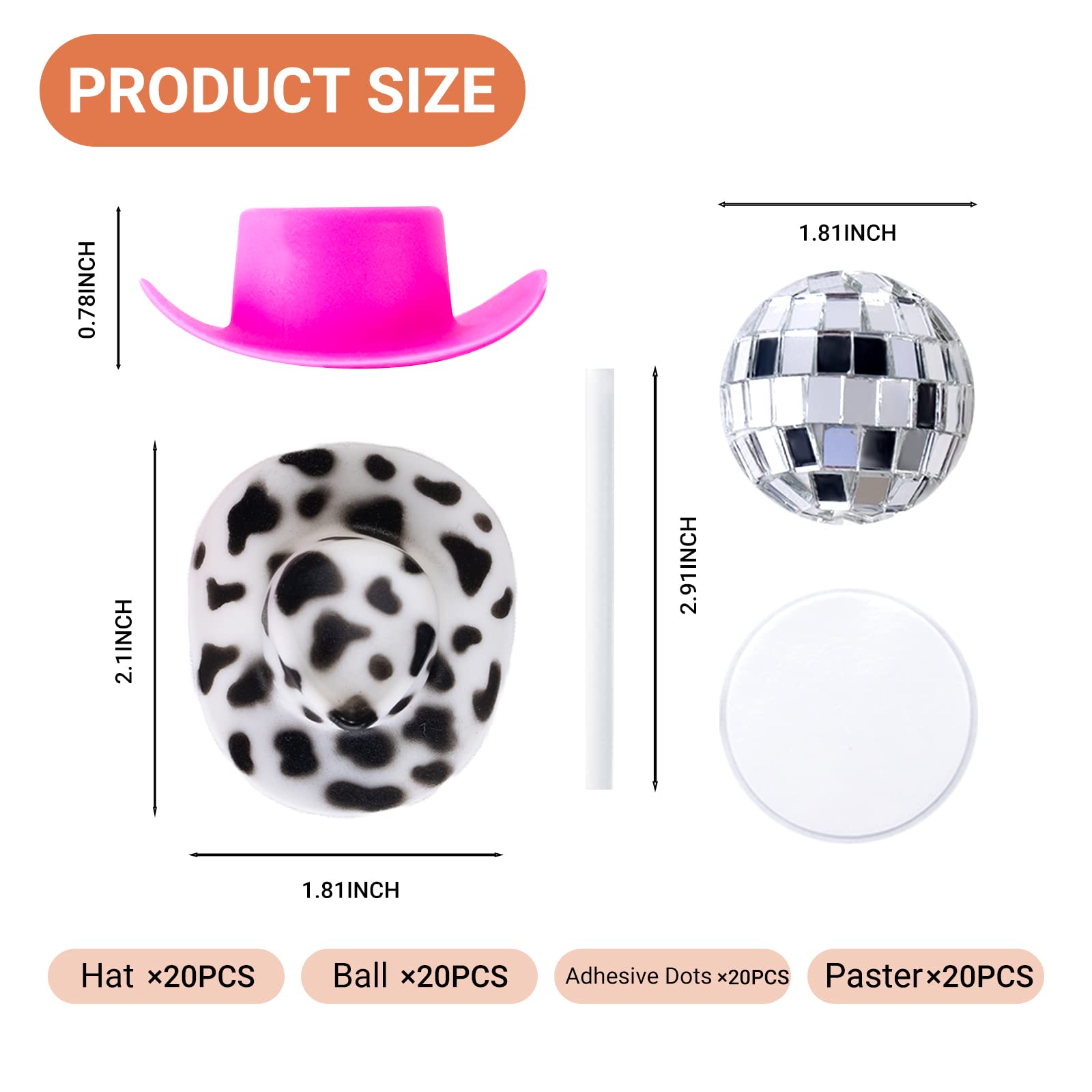 60Pcs Disco Cowgirl Pary Cake Decoration, 20Pcs Disco Ball Cup Toppers 10Pcs Mini Pink Cowgirl Hats 10Pcs Cow Print Cowboy Hats Westen Cowgirl Party Birthday Table Decor