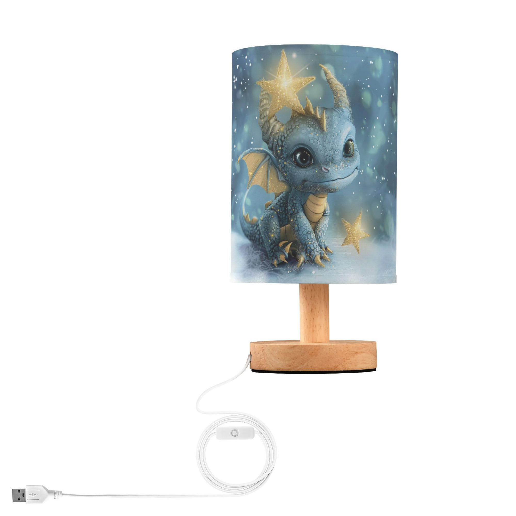 YYZZH Table Lamp Watercolor Dragon Baby Animal Nightstand Lamp with Wood Base Fabric Lamp Shade Bedside Desk Lamp for Living Roo