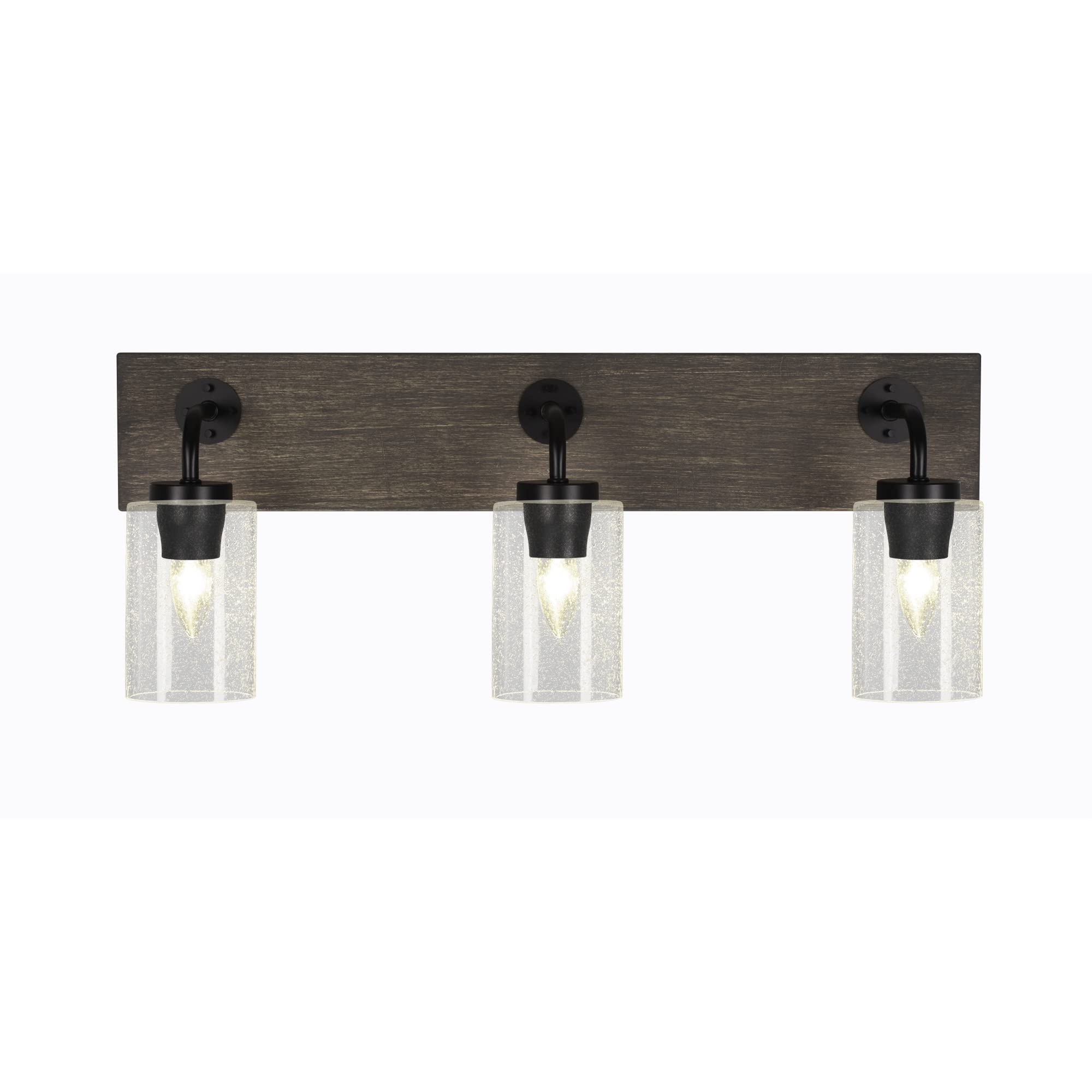 Oxbridge 3 Light Bath Bar In Matte Black & Painted Distressed Wood-Look Metal Finish With 4" Clear Bubble Glass