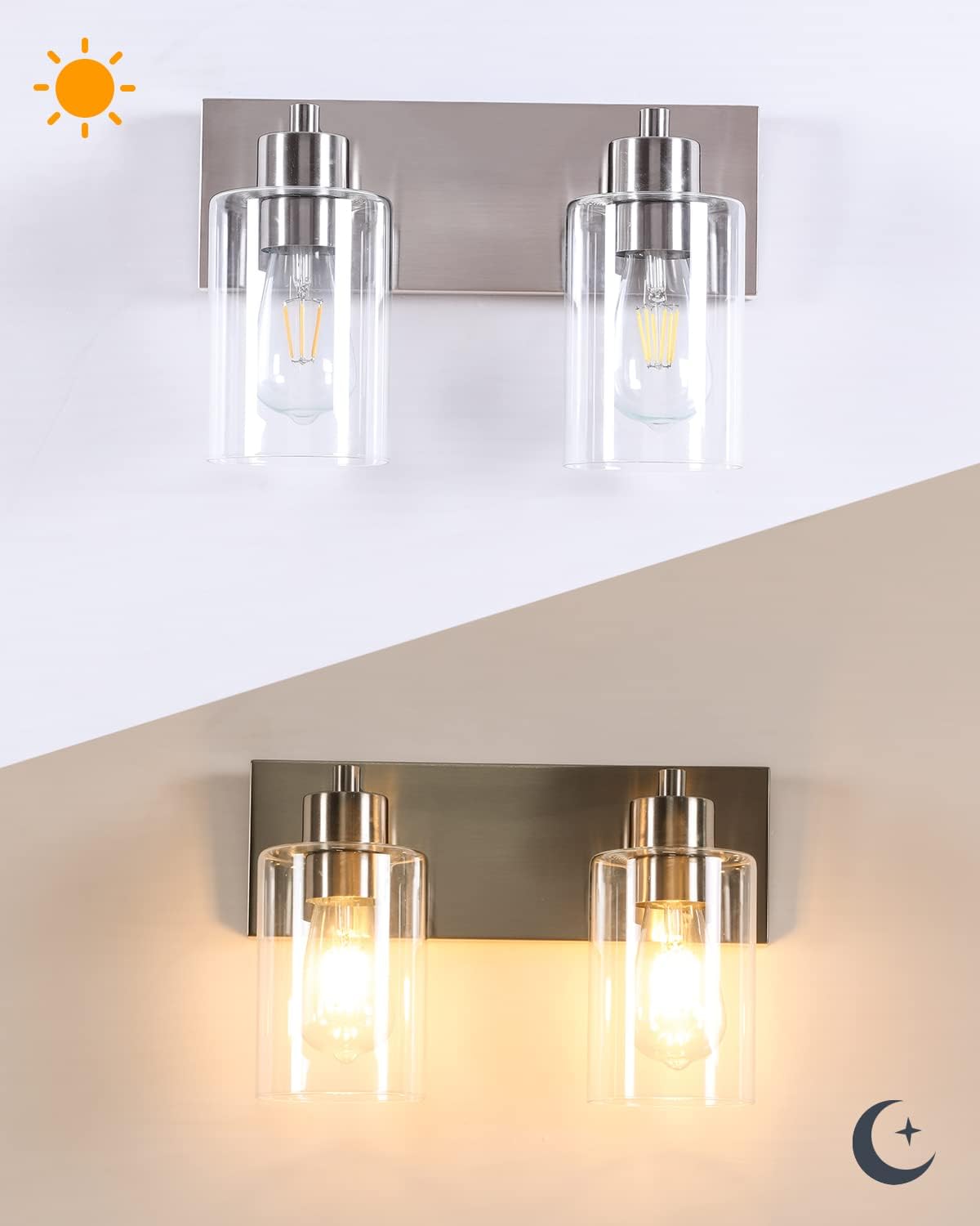 Chosenior Bathroom Light Fixtures, 2-Light Brushed Nickel Bathroom Vanity Light, Modern Wall Sconces With Clear Glass Shade For