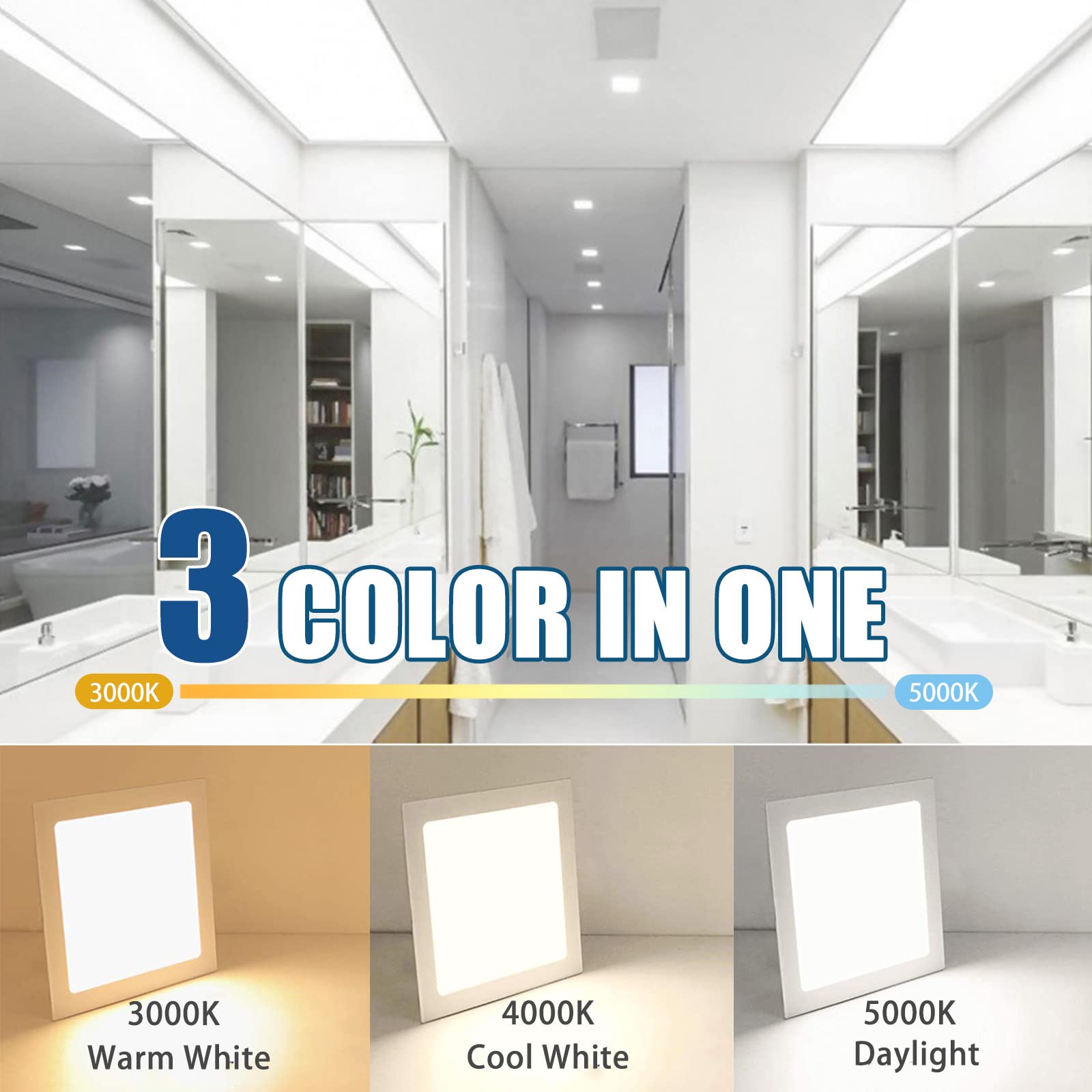 Oukeeto 4 Inch Led Square Recessed Light - 3000K/4000K/5000K Color Selectable, 10W=75W 800Lm Ultra-Thin Dimmable Downlight Led W