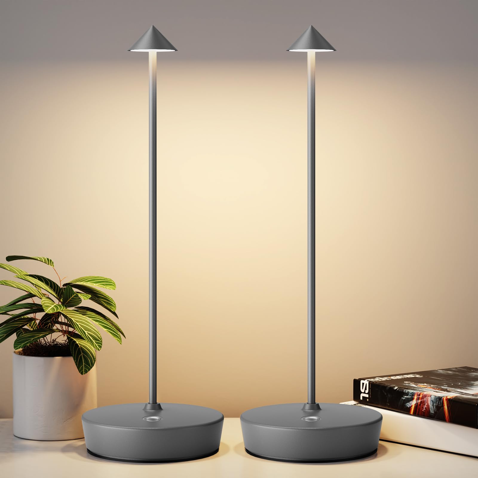 YIBEN Rechargeable Cordless Table Lamp, 6000mAh Battery, 3 Brightness Levels, 2-Pack, Gray, Model X12