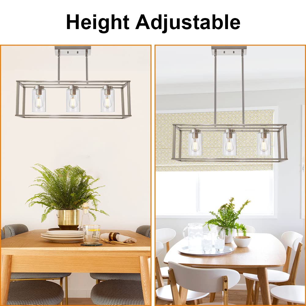 VINLUZ 3-Light Linear Chandelier, Brushed Nickel with Clear Glass Shade, Modern Pendant Light Fixture for Kitchen Island & Dining Room, Model 1811-3-SN