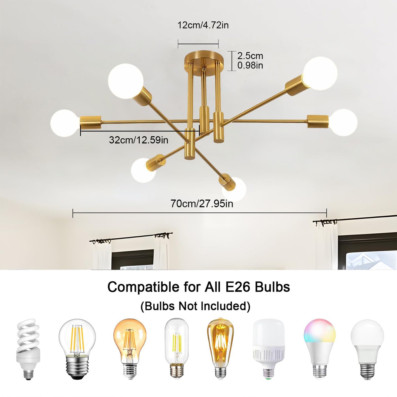 Tealight Gold Sputnik Ceiling Light Fixture  Industrial Lighting Fixture Semi Flush Mount Ceiling Chandelier For Bedroom  Living Room  Kitchen  Dining Room  Hallway (6-Lights Gold)