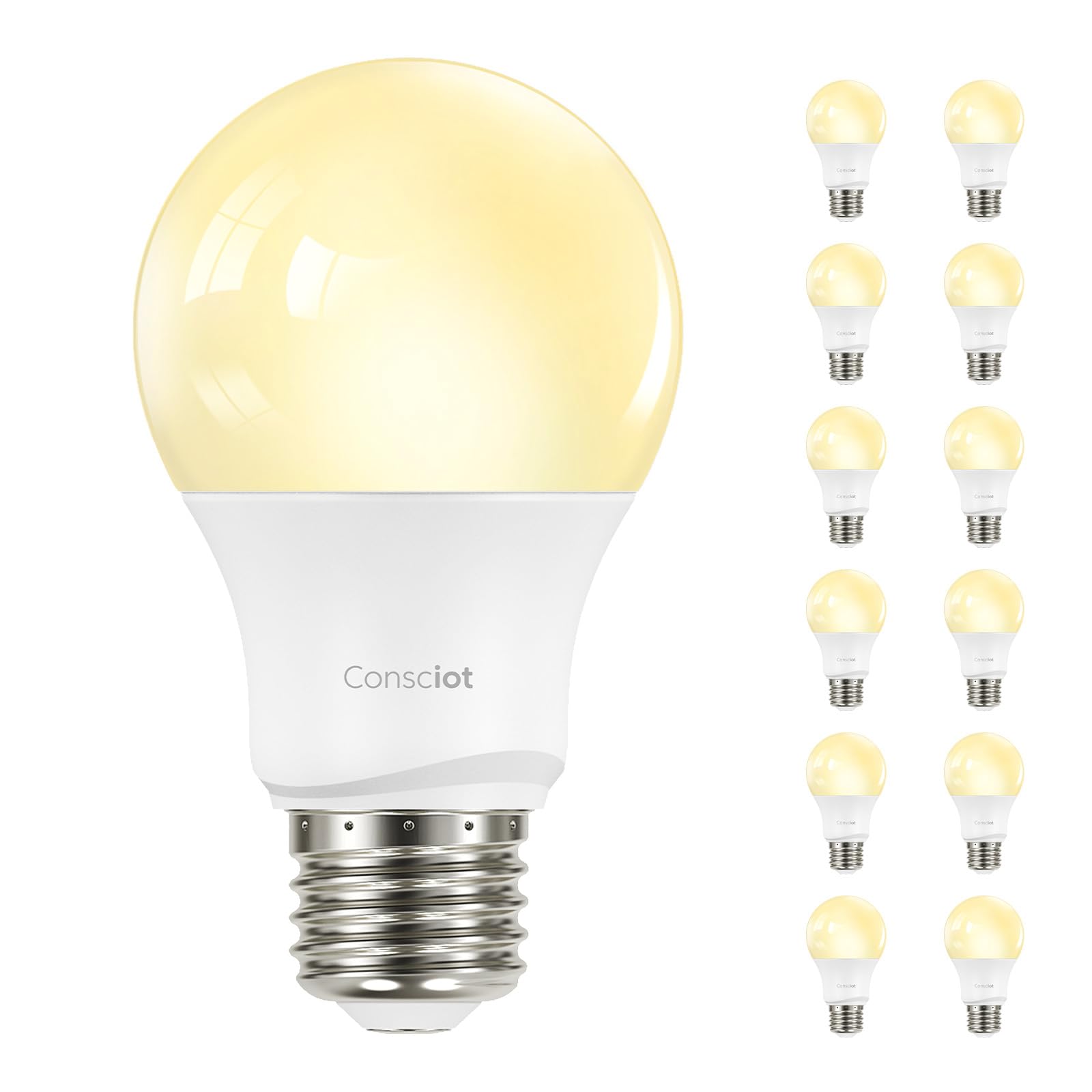 Consciot A19 LED Light Bulbs Dimmable 60W Equivalent 3000K Warm White 9W 800 Lumens E26 Standard Base UL Listed Lighting for Bedroom Living Room Home Office 12 Packs
