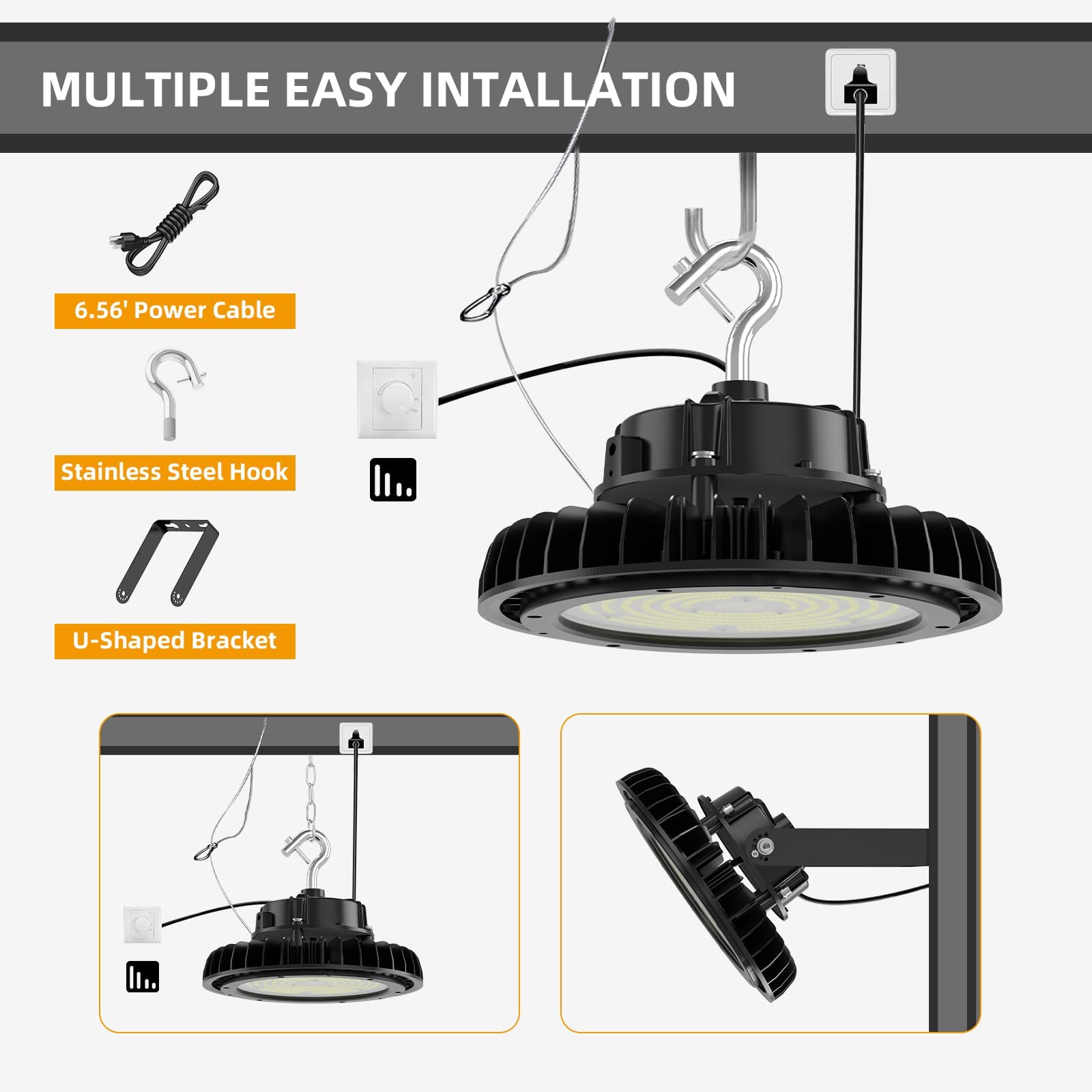 Adiding LED High Bay Light 200W, 34000LM Bright UFO LED Workshop Light 170LM/W AC100-277V 5000k Daylight UL DLC Listed with 6.56