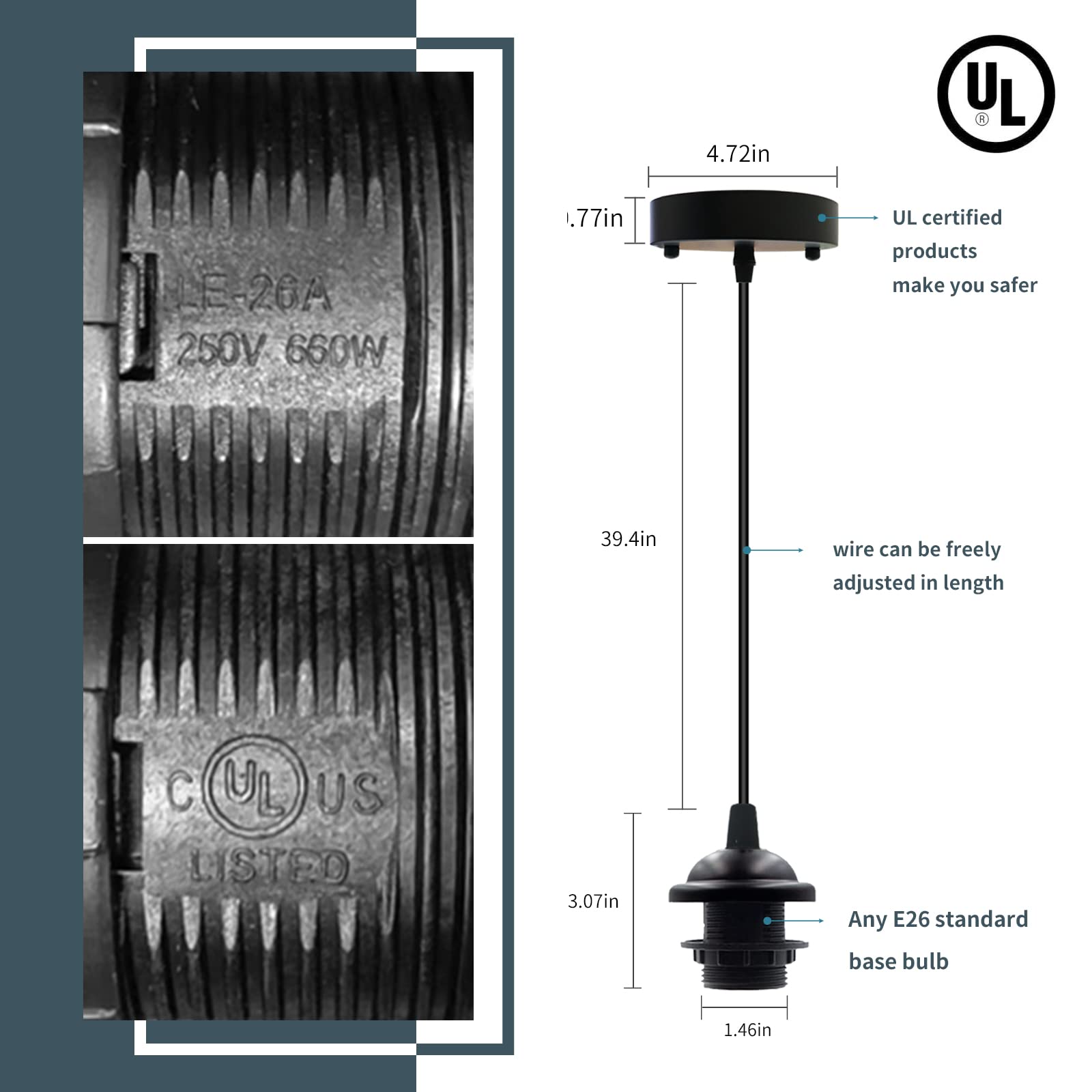VTYXCTIGJ Industrial Mini Pendant Light Kit, UL E26 Vintage Lamp Socket, Adjustable Hanging Light, Black, Model XDT