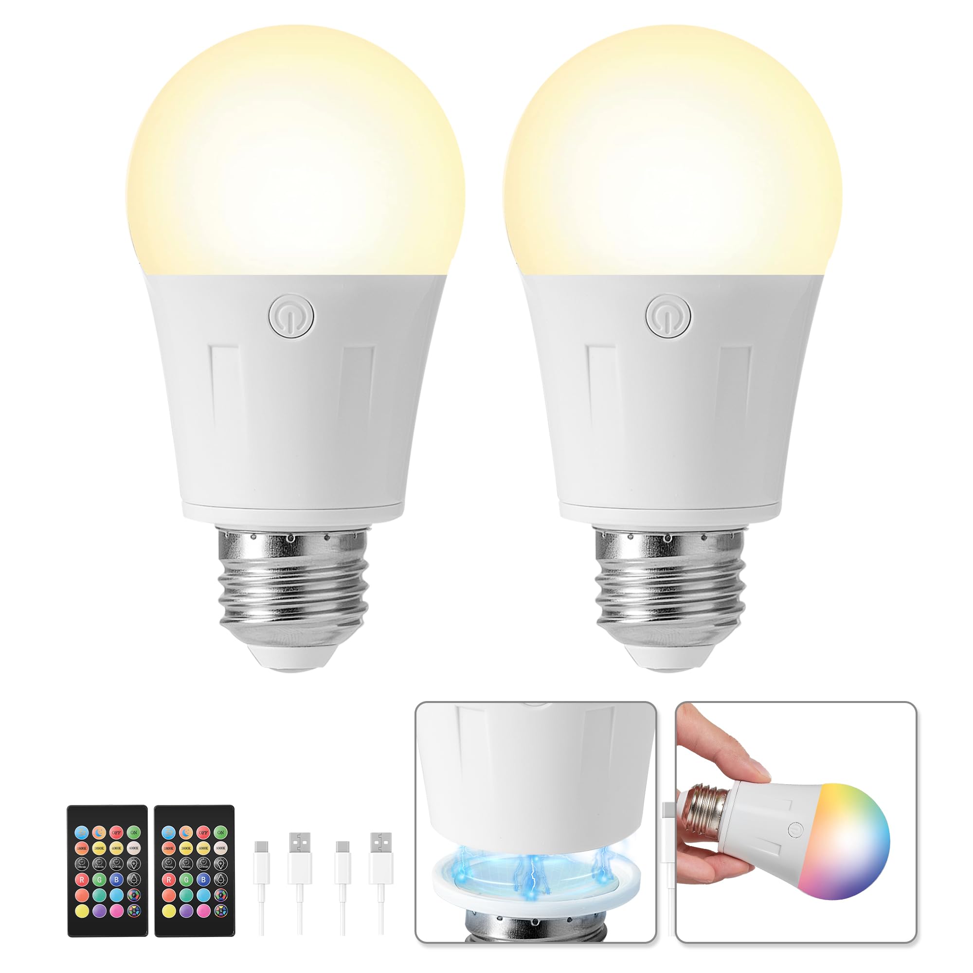 KARTOOSH E26 LED Light Bulbs, Rechargeable, Dimmable, 4 Color Temperatures, 2 Pack, White, Model RS323B2-N1