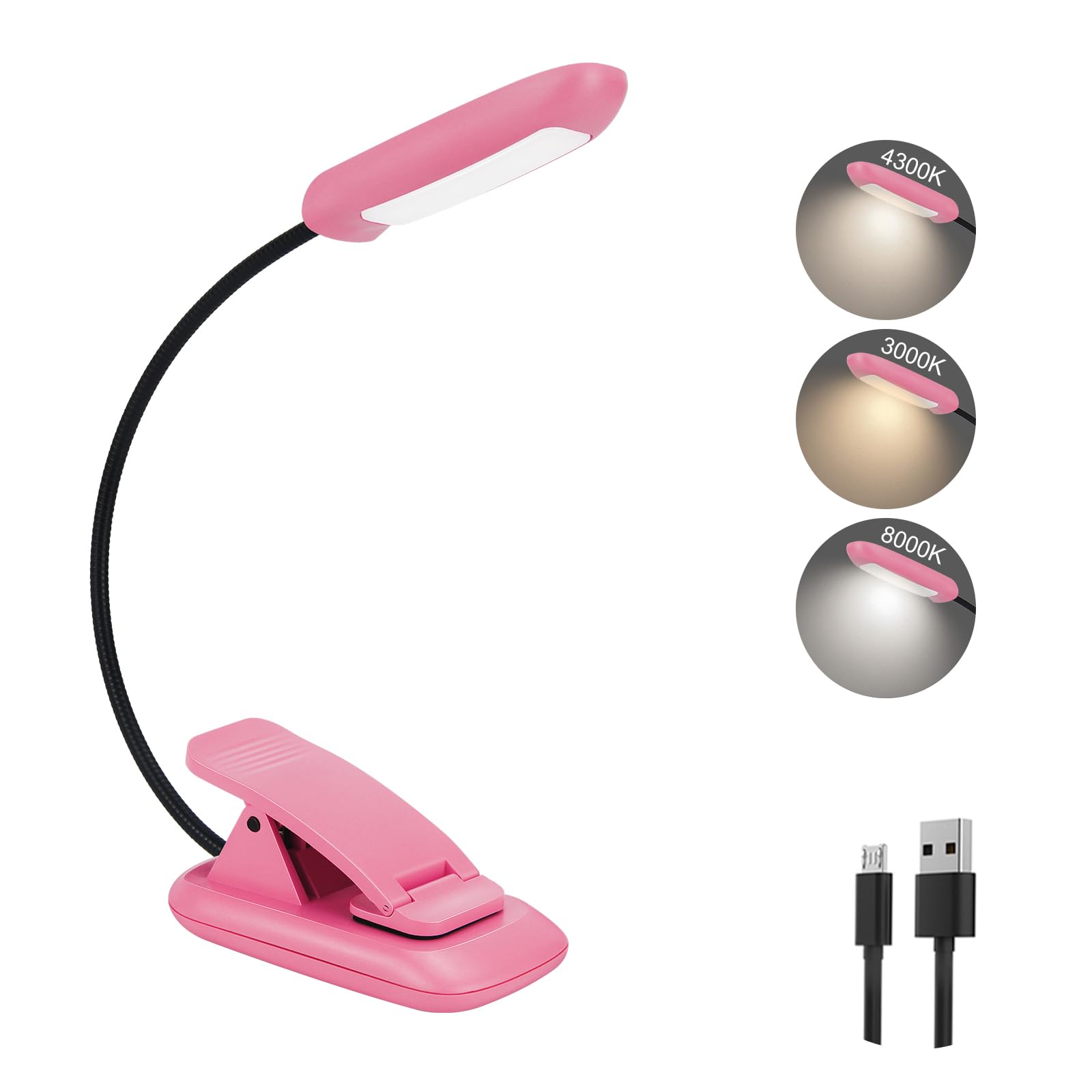 BIGMONAT Rechargeable Book Light, 360° Adjustable, Eye Care Desk Lamp, 1Pack, Pink, Model B94YW-1