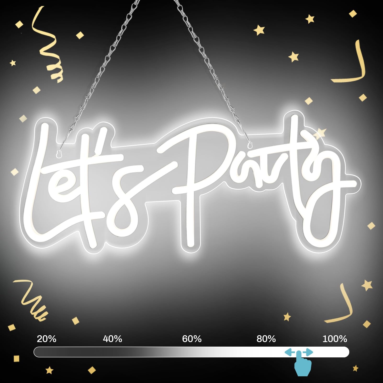 SERBASIC Lets Party Neon Sign - Dimmable LED Light, 16in x7in , White, USB Powered, Transparent Acrylic Panel