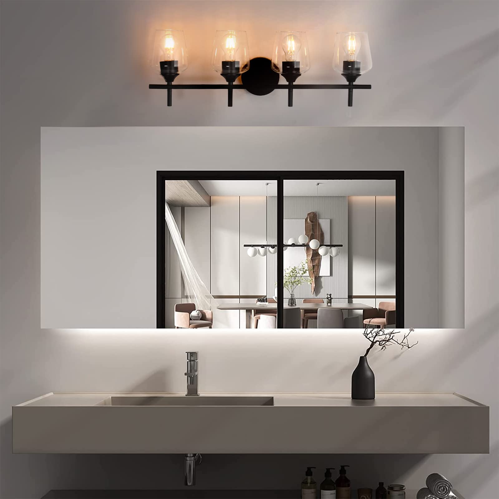 Foucasal Black Bathroom Light Fixtures - 4-Light Vanity Light With Clear Glass Shade, Industrial Matte Wall Lights For Bedroom H