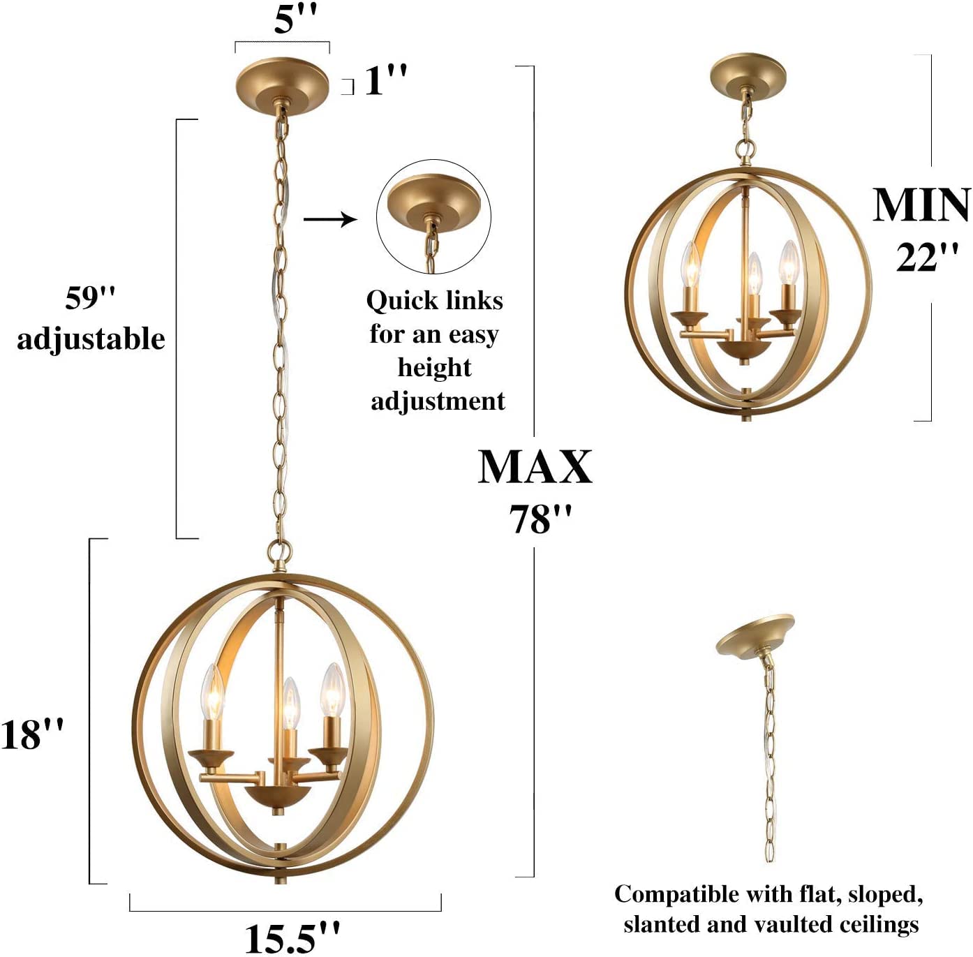 KSANA Gold Orb Chandelier - Modern 3-Light Fixture for Dining, Living Room, Bedroom, Foyer, Kitchen - Metal Construction