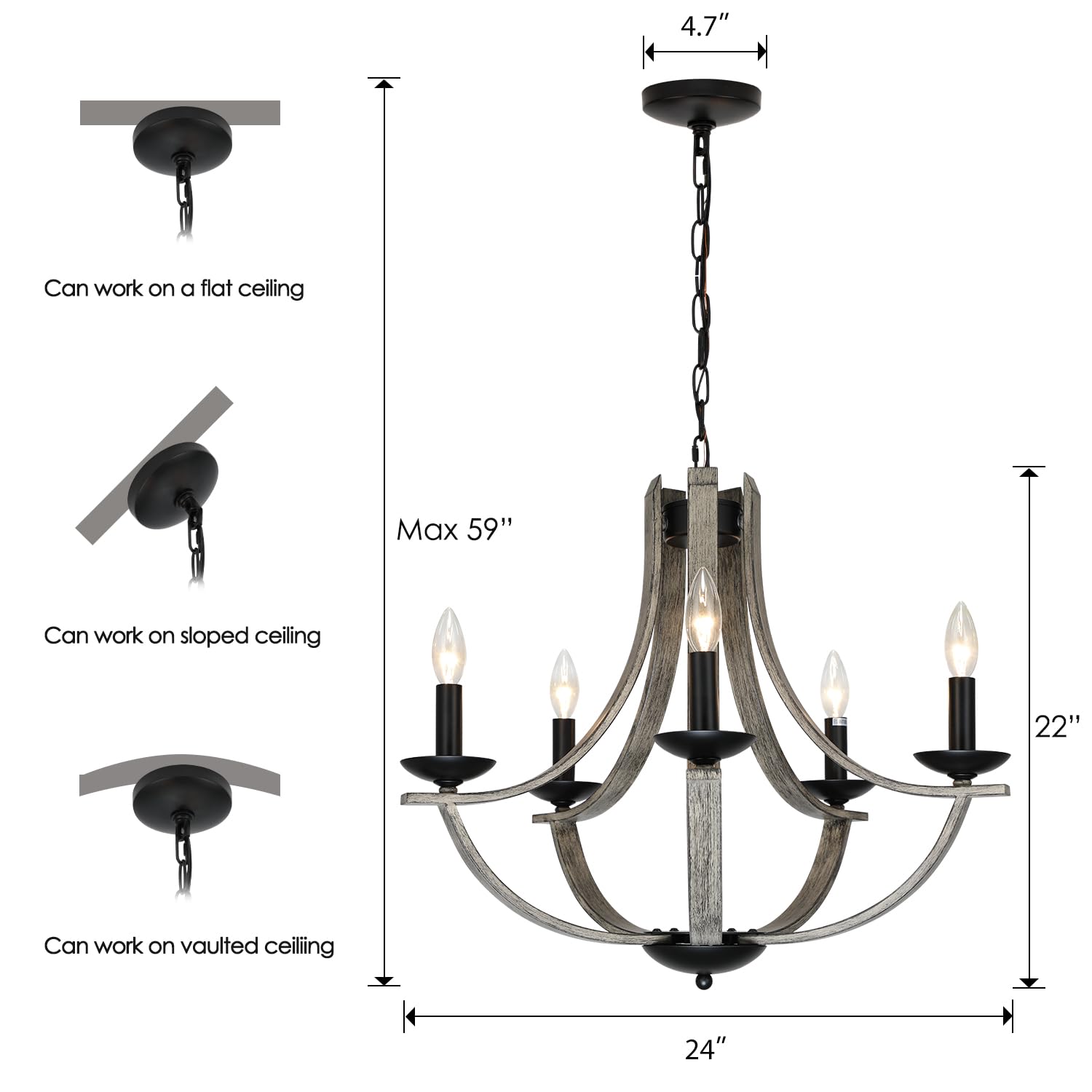 Lampkeduo Rustic Chandeliers For Dining Room Light Fixture  5-Light 24 Inch Faux Wood Texture Hanging Lighting Fixtures Farmhouse Candle Chandeliers For Living Room Kitchen Island Foyer Entryway