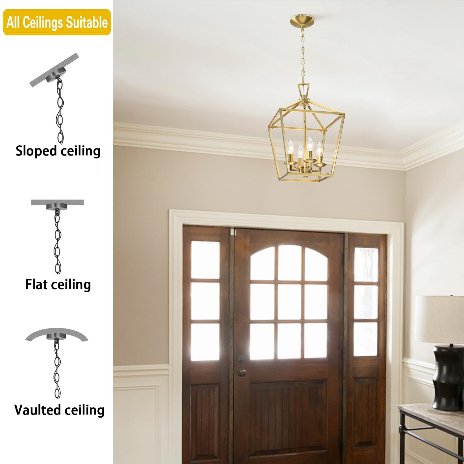 Untrammelife Gold Lantern Chandelier 4-Light Pendant Light Modern Hanging Pendant Light Fixtures in Brushed Brass Finish, Adjust