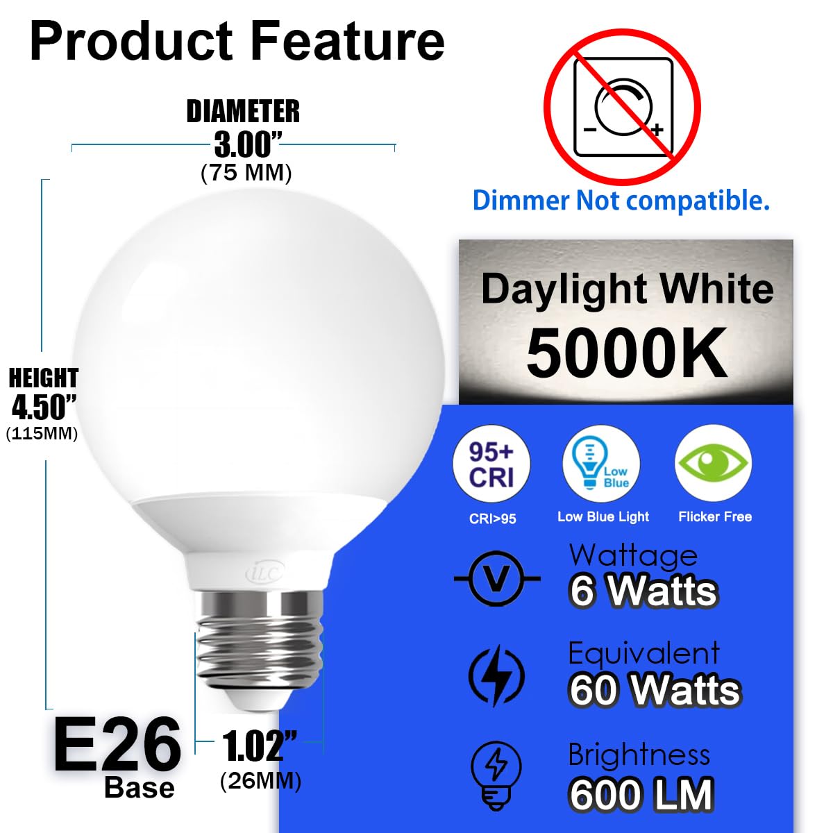 ILC App-Controlled LED G25 Bulbs, 6W, 600LM, Daylight White 5000K, Bluetooth Mesh, 6 Pack, E26 Base, CRI>