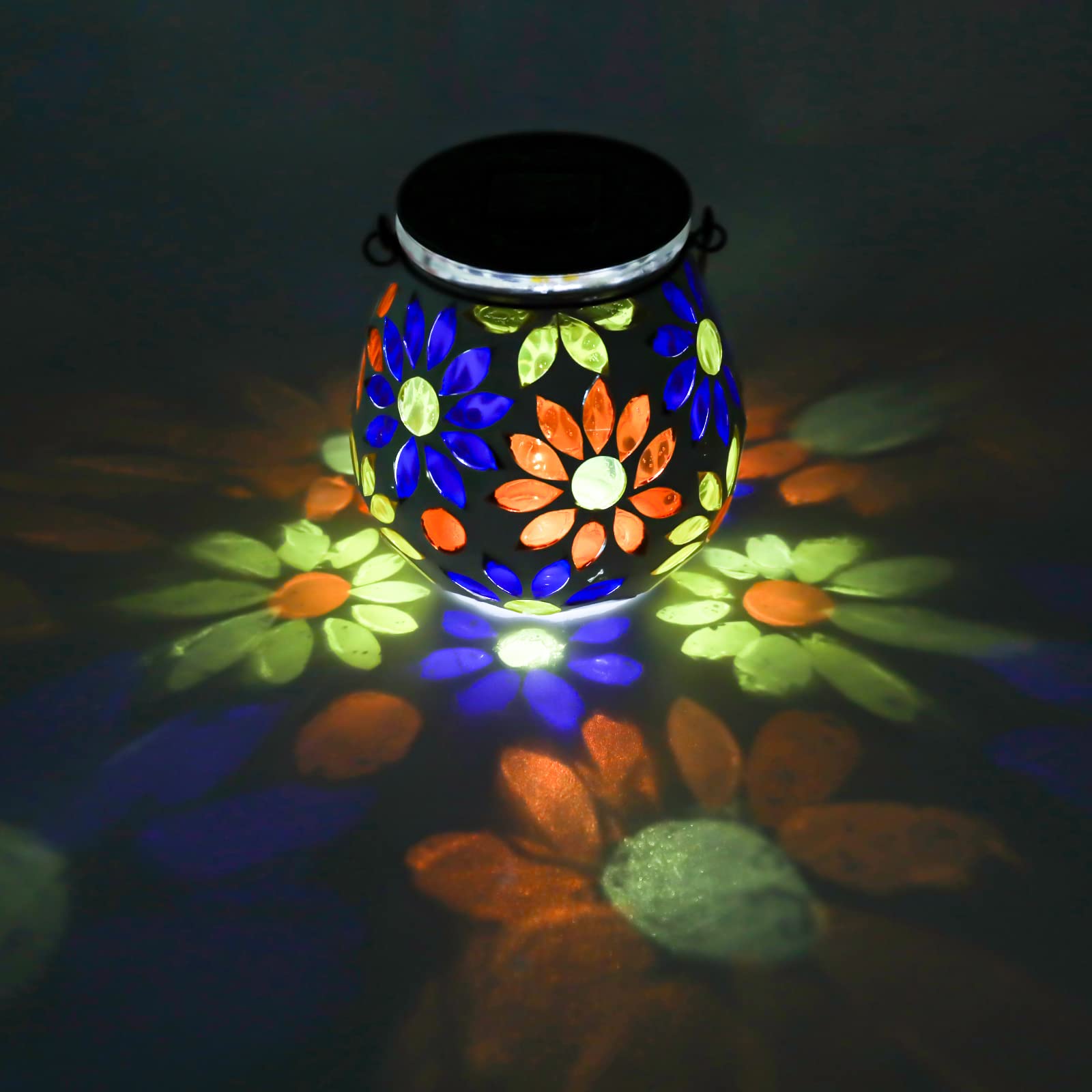 Afirst Mosaic Solar Lantern - Glass Hanging Light, Waterproof Table Lamp for Garden, Patio, Holiday - Model 4431910A, Color Daisy