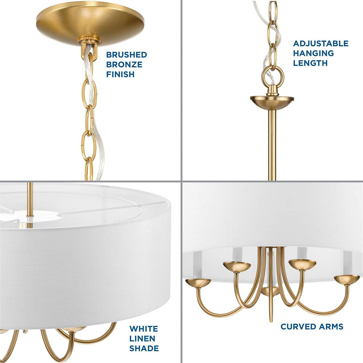Progress Lighting Drum Shade Collection 5-Light White Fabric Shade New Traditional Chandelier Light Brushed Bronze